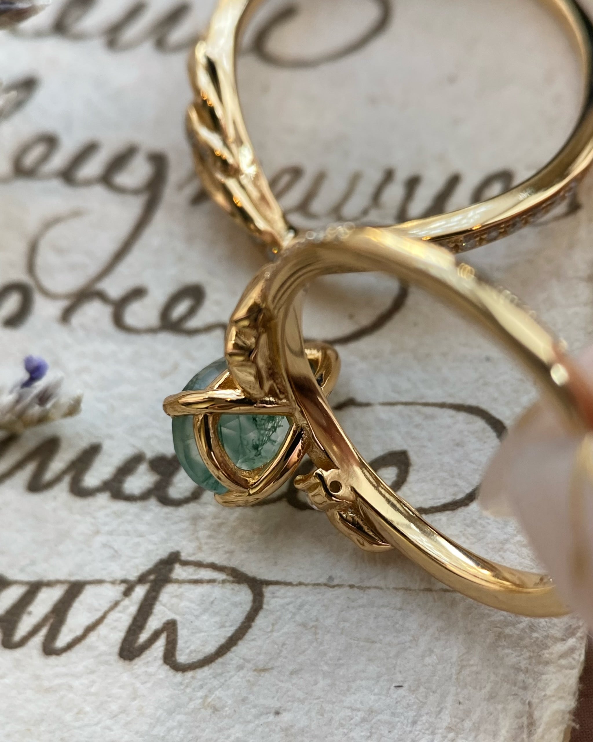 Nysa | Nature Inspired Unique Handmade Pear Cut Natural Moss Agate Engagement Ring Set Curved Leaf Band