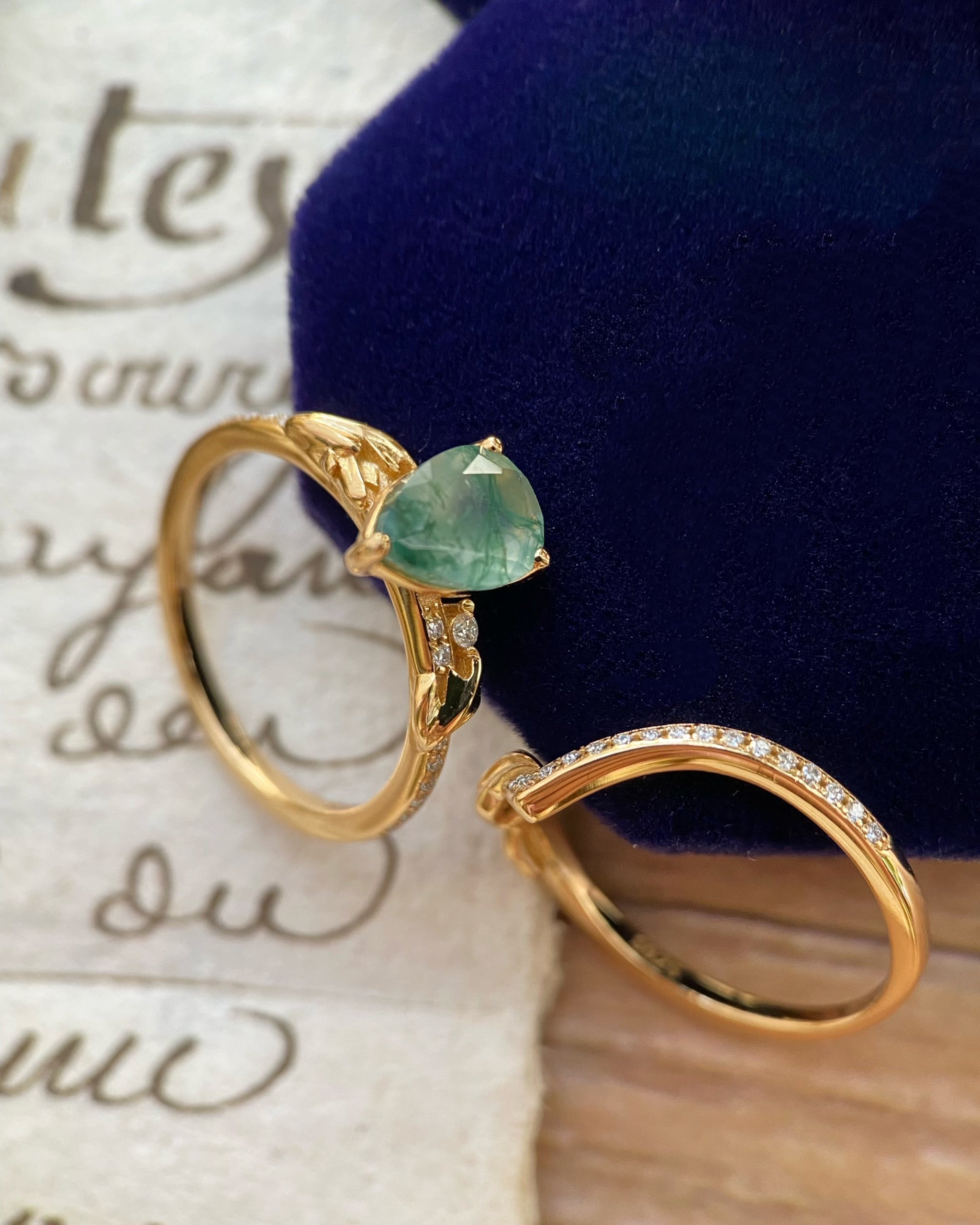Nysa | Nature Inspired Unique Handmade Pear Cut Natural Moss Agate Engagement Ring Set Curved Leaf Band
