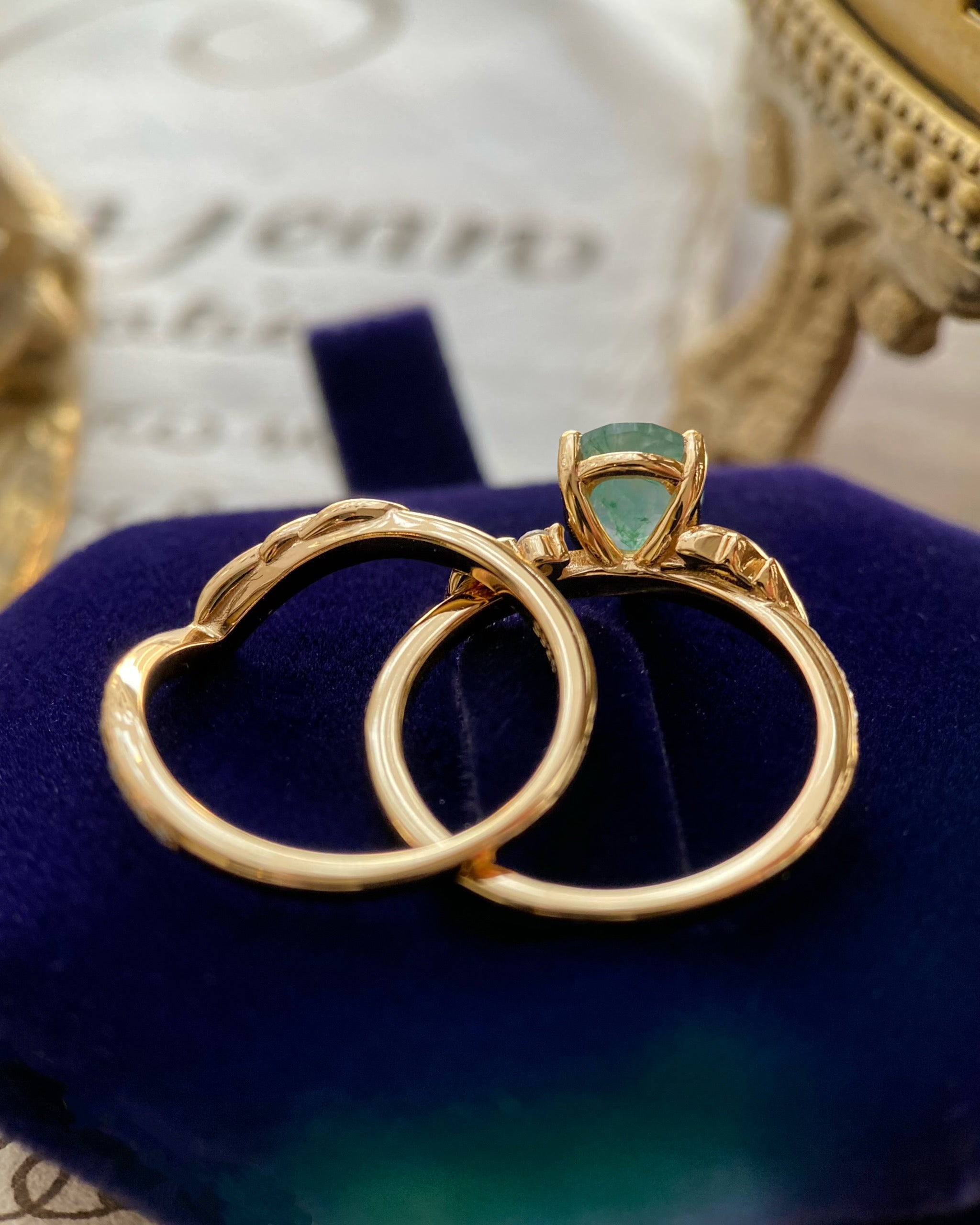 Nysa | Nature Inspired Unique Handmade Pear Cut Natural Moss Agate Engagement Ring Set Curved Leaf Band