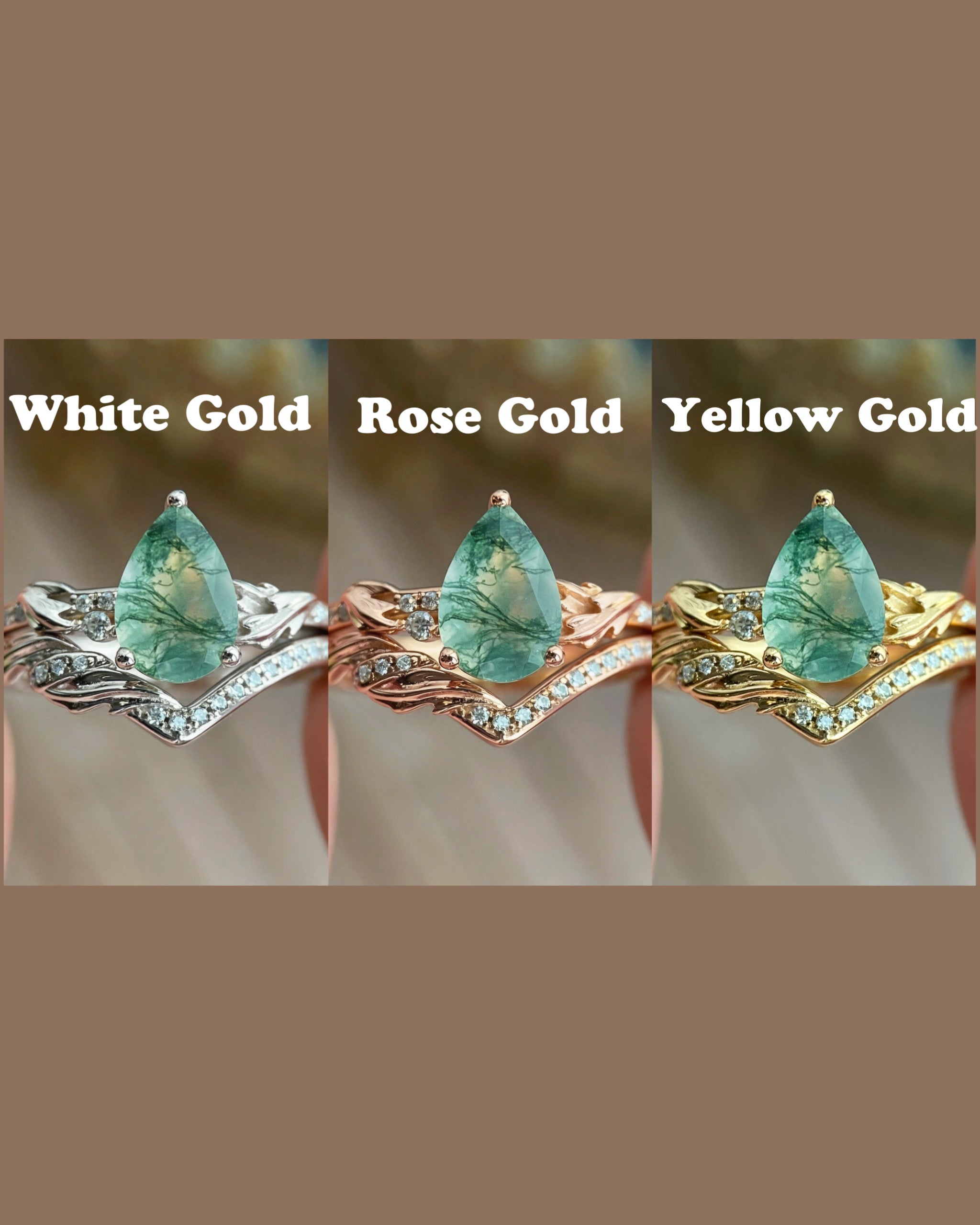 Nysa | Nature Inspired Unique Handmade Pear Cut Natural Moss Agate Engagement Ring Set Curved Leaf Band