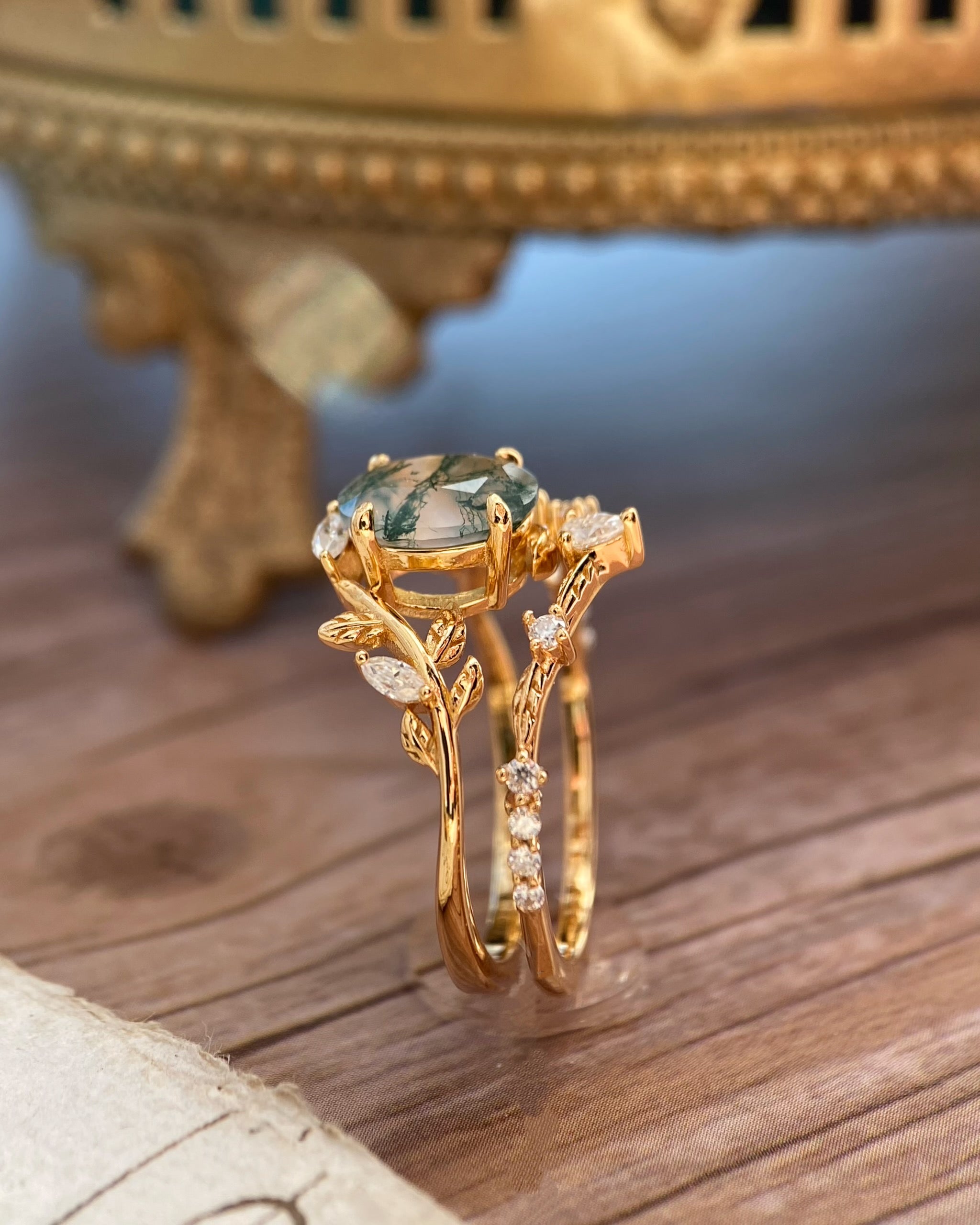 Chloris | Unique Handmade Oval Natural Moss Agate Engagement Ring Set With Curved Leaf Band