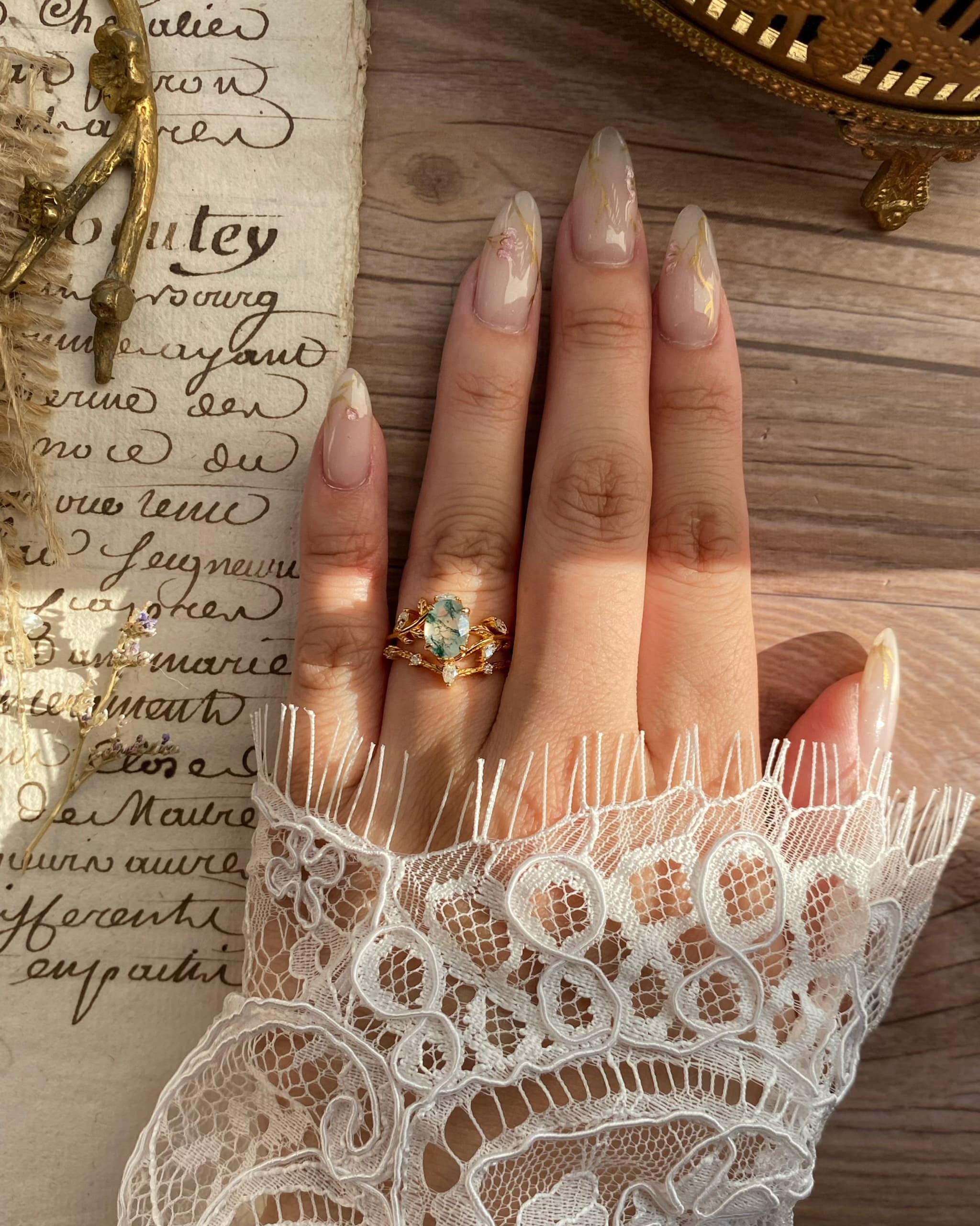 Chloris | Unique Handmade Oval Natural Moss Agate Engagement Ring Set With Curved Leaf Band