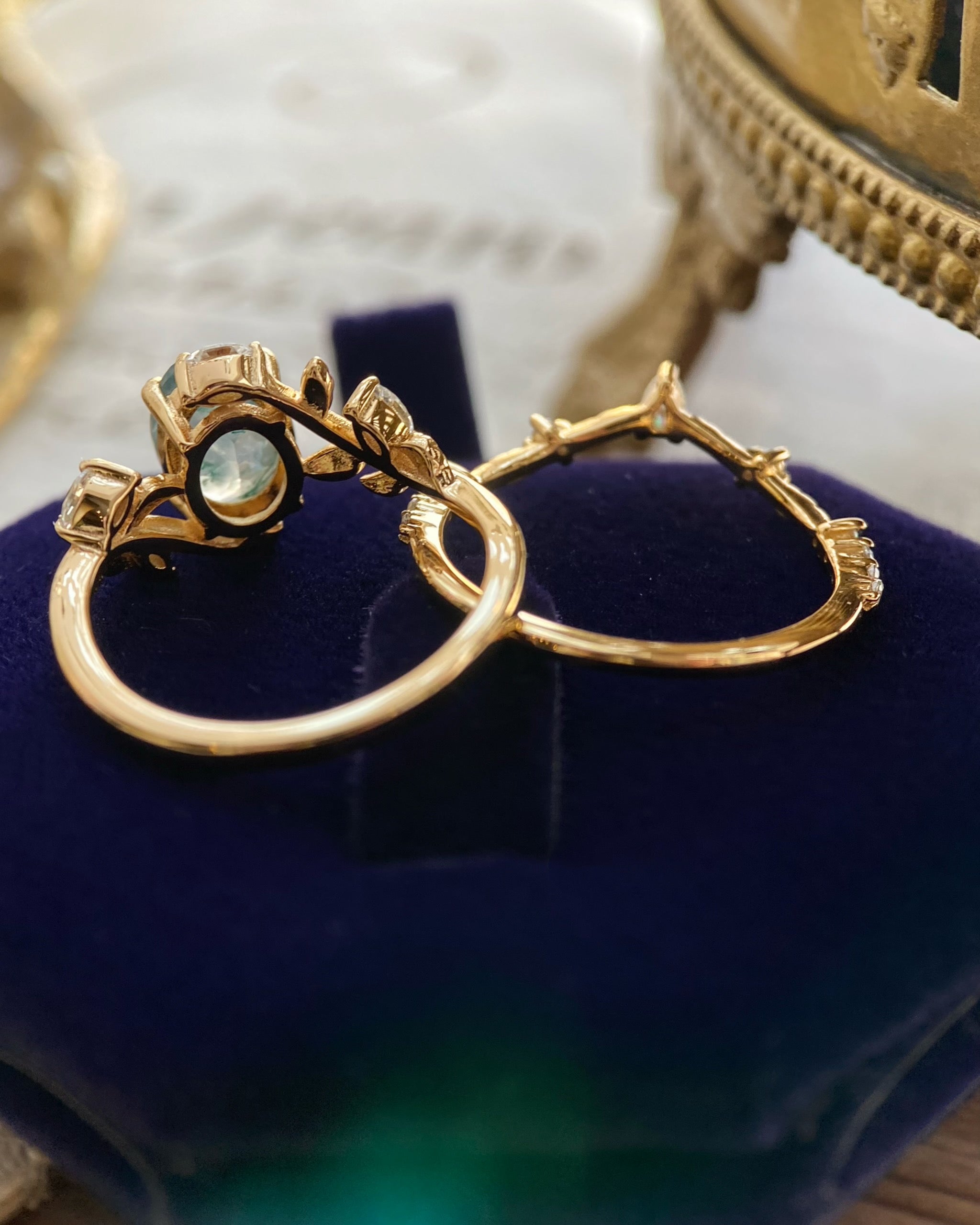 Chloris | Unique Handmade Oval Natural Moss Agate Engagement Ring Set With Curved Leaf Band