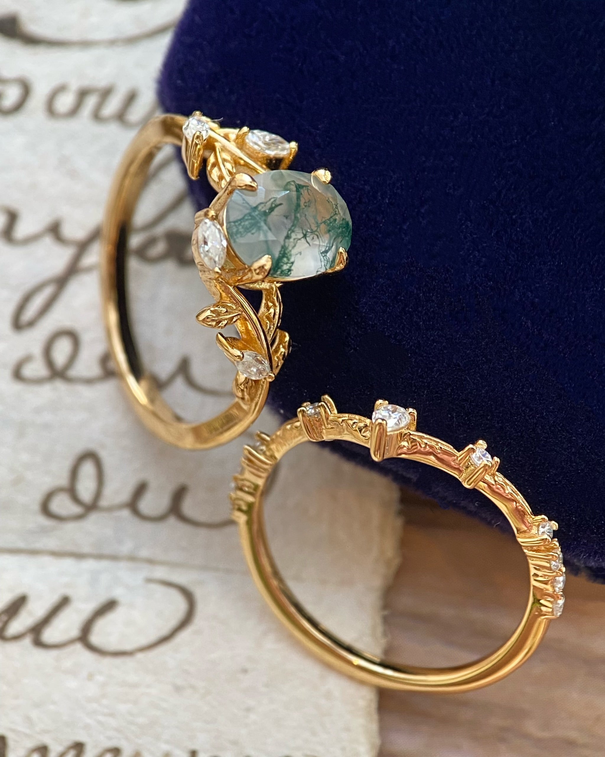 Chloris | Unique Handmade Oval Natural Moss Agate Engagement Ring Set With Curved Leaf Band