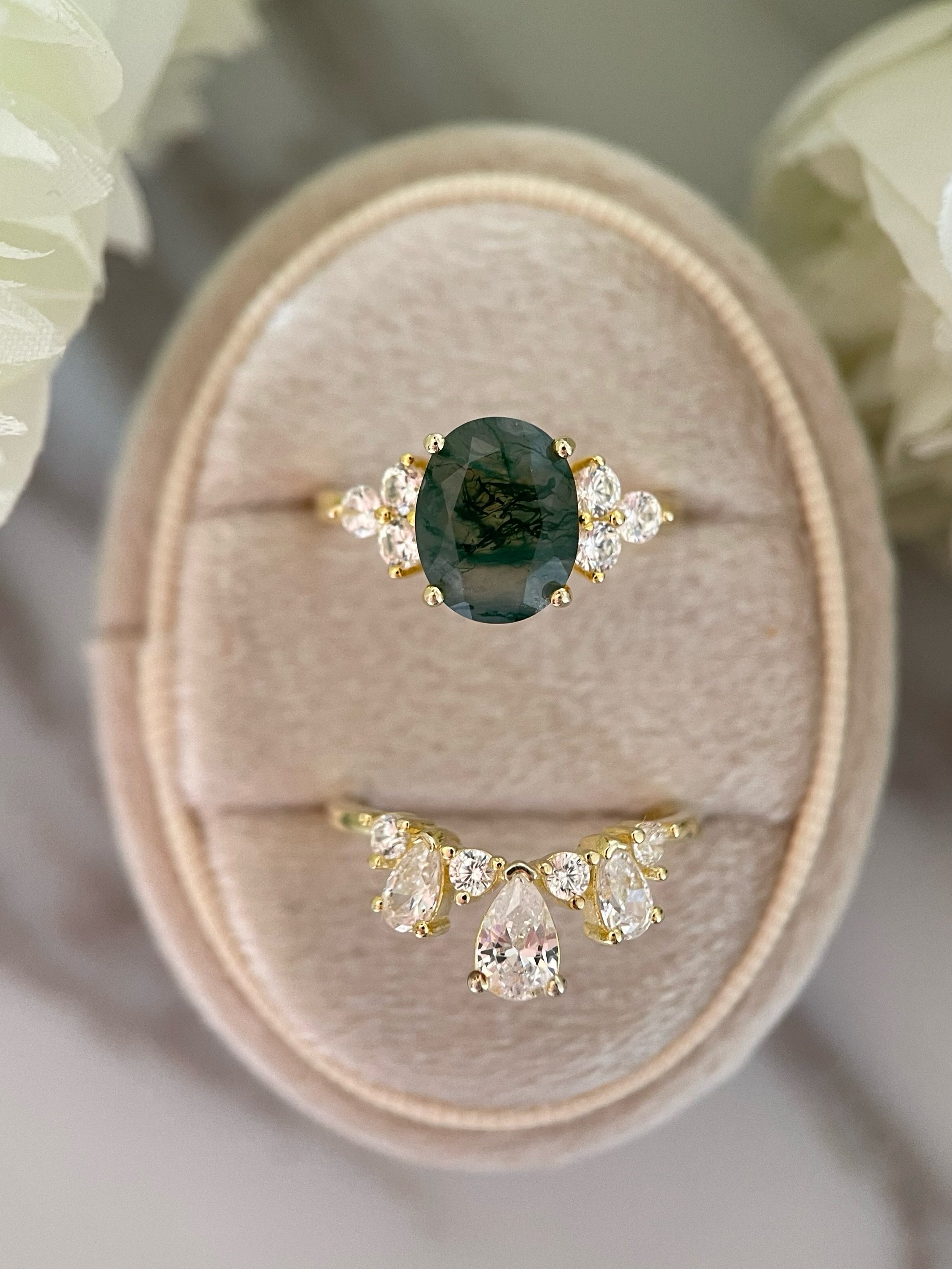 【ENSEMBLE ELOWEN】Ensemble de 2 bagues de fiançailles ovales en agate mousse naturelle, 3 carats, fabriquées à la main.