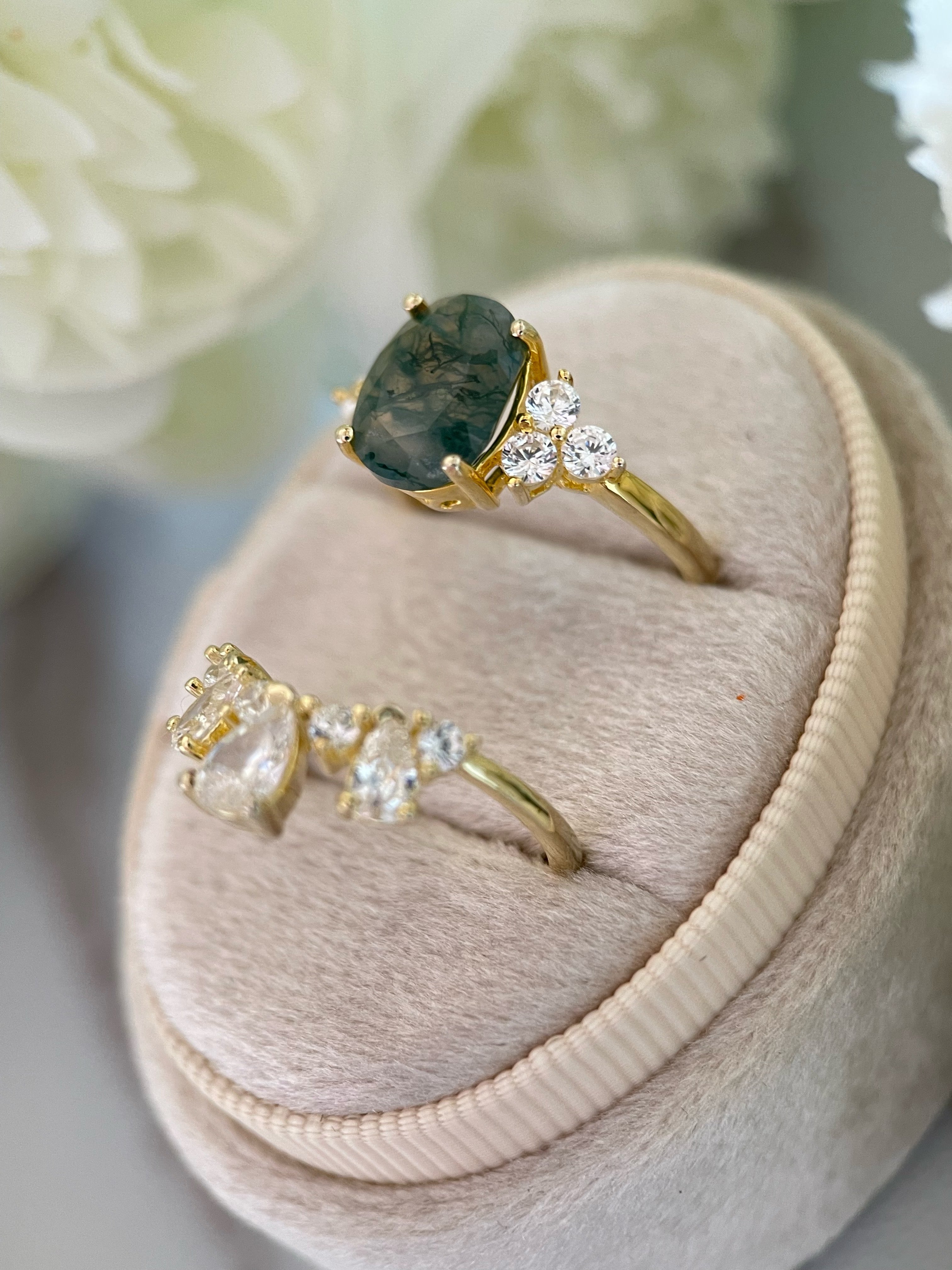 【ENSEMBLE ELOWEN】Ensemble de 2 bagues de fiançailles ovales en agate mousse naturelle, 3 carats, fabriquées à la main.