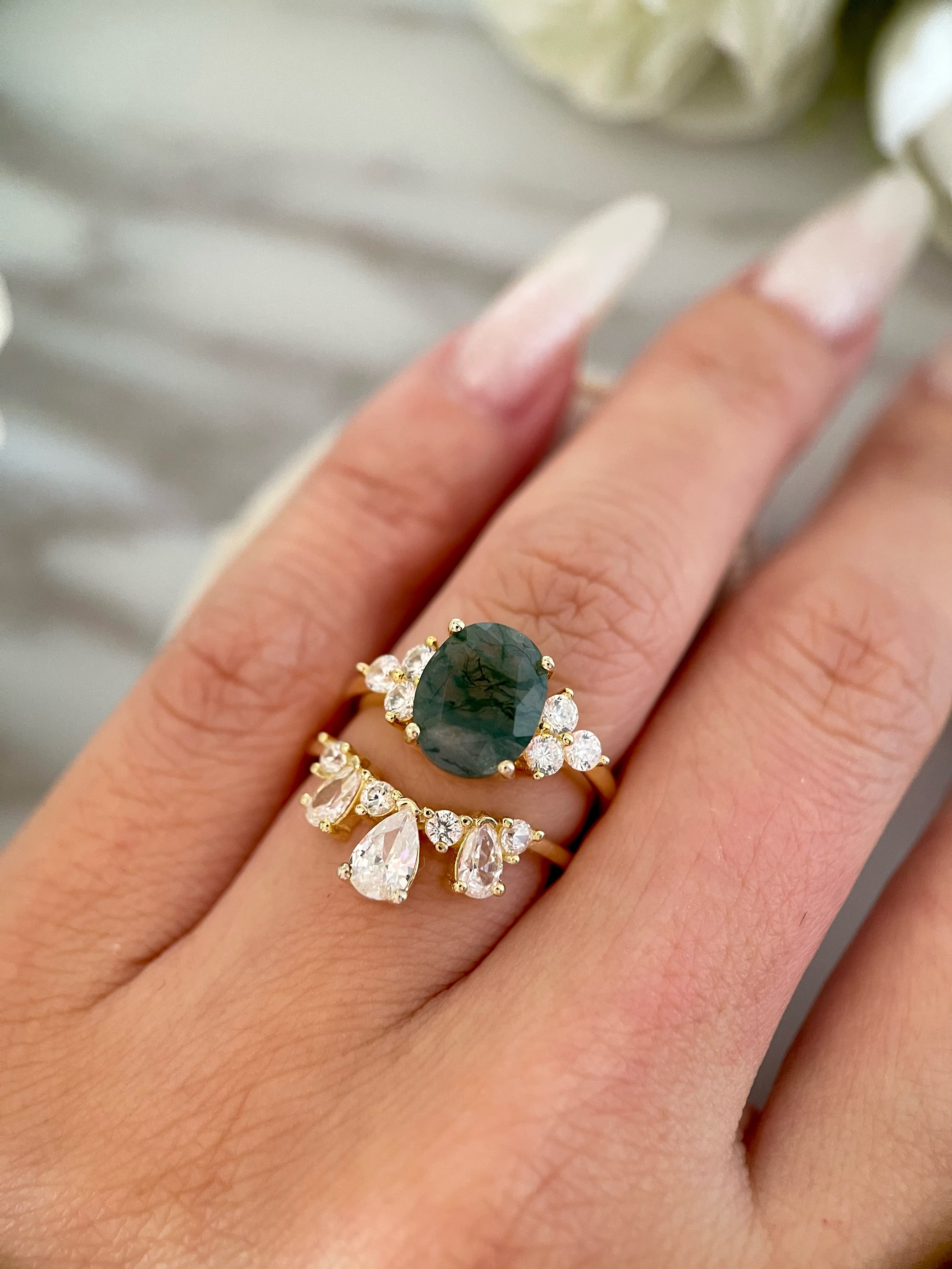 【ENSEMBLE ELOWEN】Ensemble de 2 bagues de fiançailles ovales en agate mousse naturelle, 3 carats, fabriquées à la main.