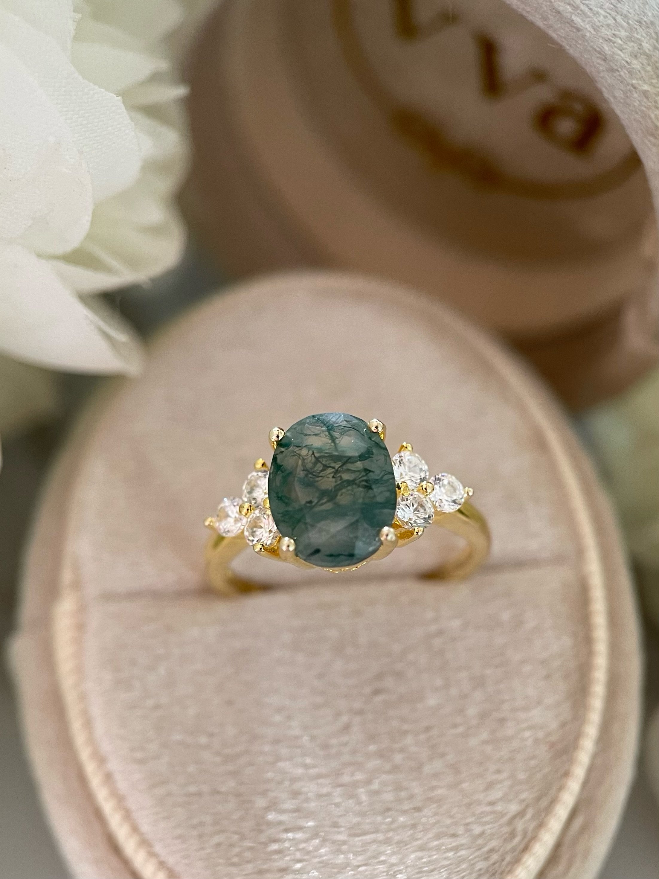 【ELOWEN】Bague de fiançailles unique, faite main, en agate mousse naturelle de forme ovale, 3 carats