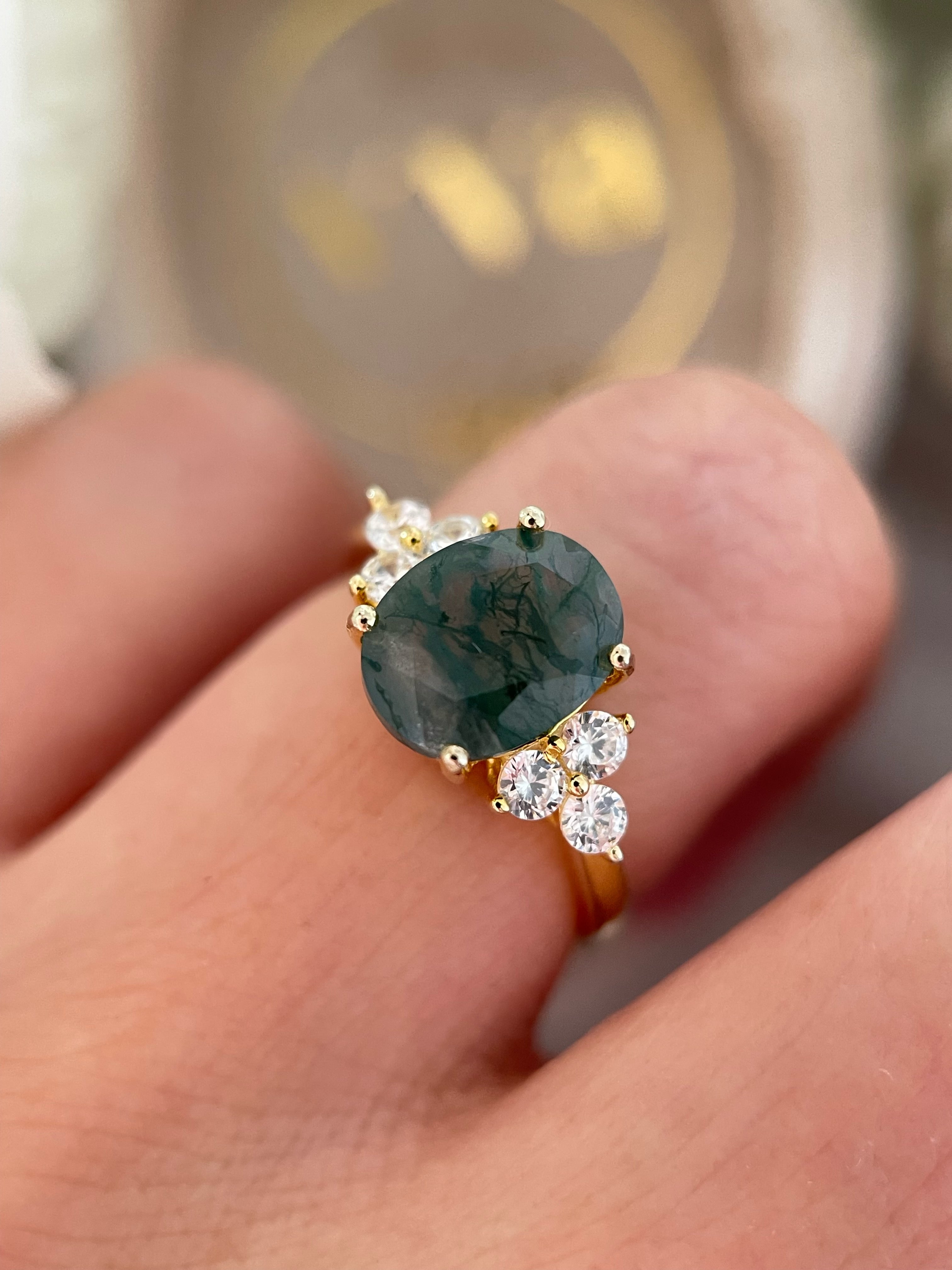 【ELOWEN】Bague de fiançailles unique, faite main, en agate mousse naturelle de forme ovale, 3 carats