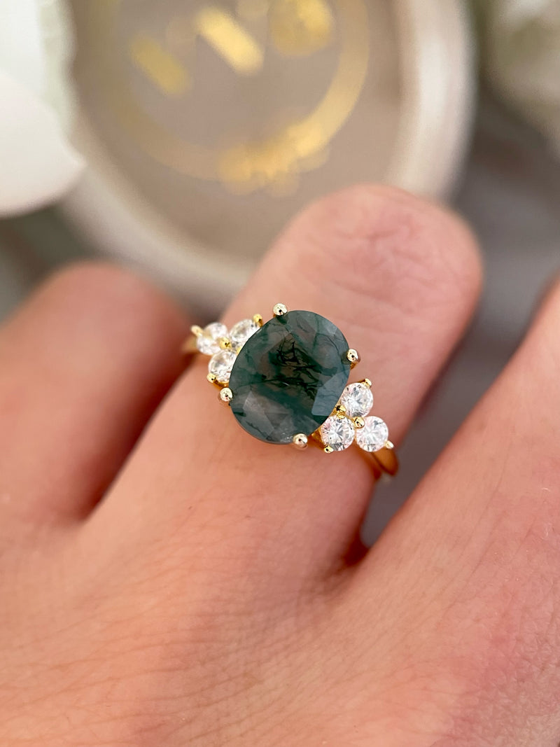 【ELOWEN】Bague de fiançailles unique, faite main, en agate mousse naturelle de forme ovale, 3 carats