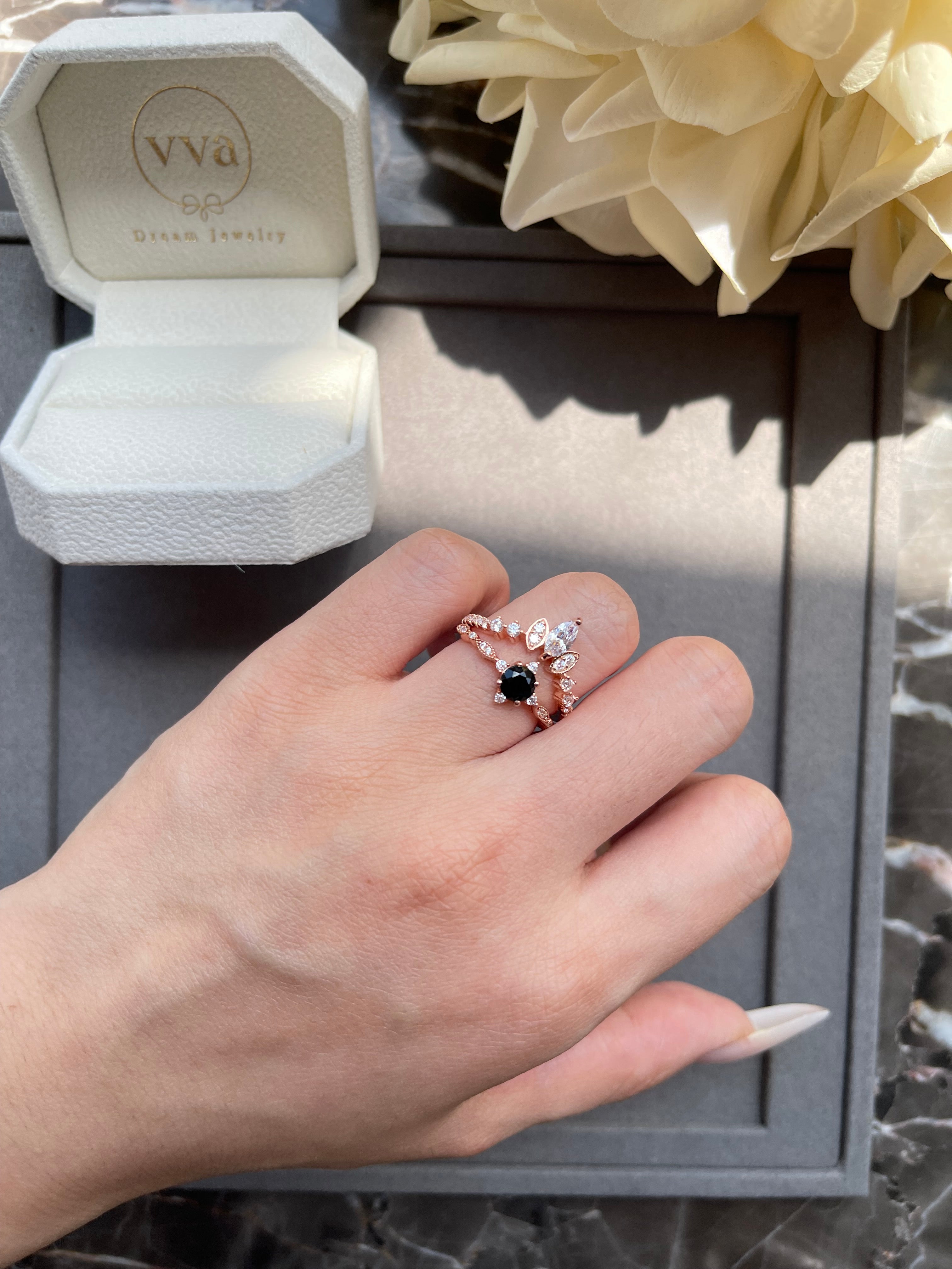 【Nocturna Set】Handmade Natural Black Onyx Engagement Ring Set 2pcs 0.5ct Round Shape