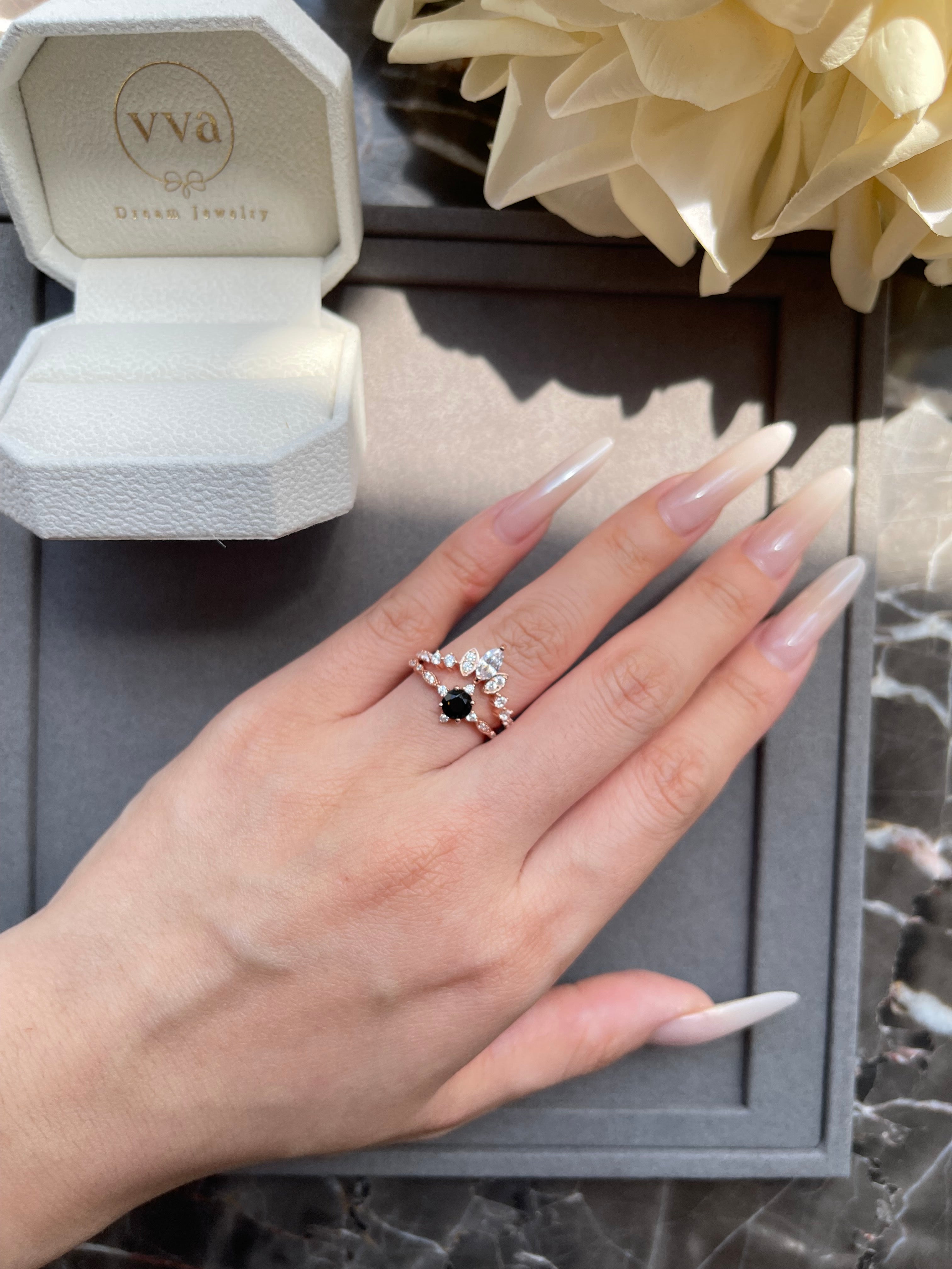 【Nocturna Set】Handmade Natural Black Onyx Engagement Ring Set 2pcs 0.5ct Round Shape