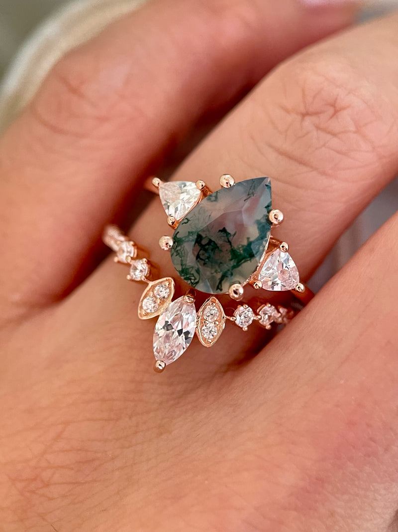 【ENSEMBLE NOISETTE】Ensemble de 2 bagues de fiançailles uniques, faites à la main, en agate mousse naturelle, 3 carats, forme poire