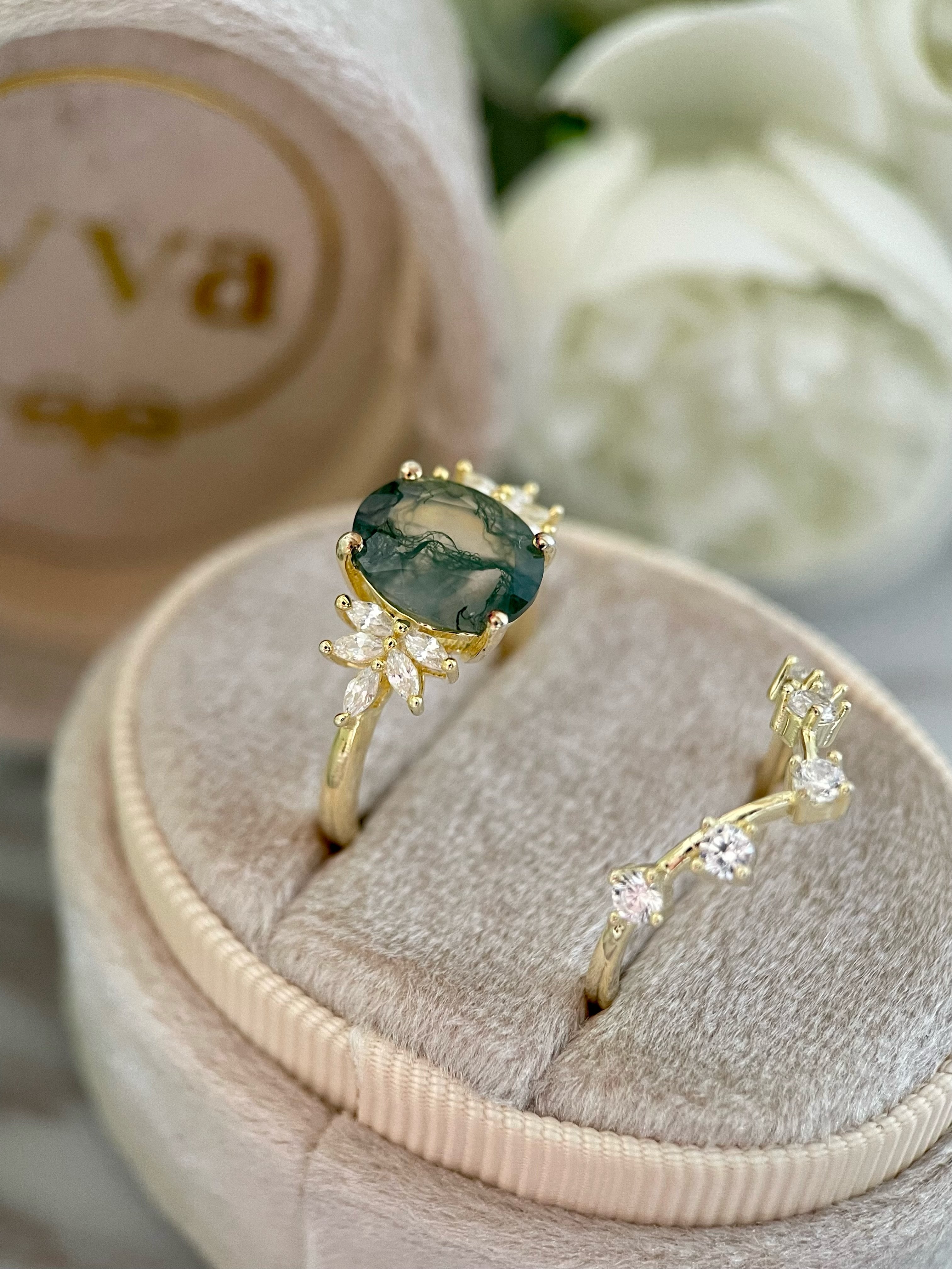 【ENSEMBLE SIERRA】Ensemble de 2 bagues de fiançailles ovales en agate mousse naturelle, 3 carats, fabriquées à la main.