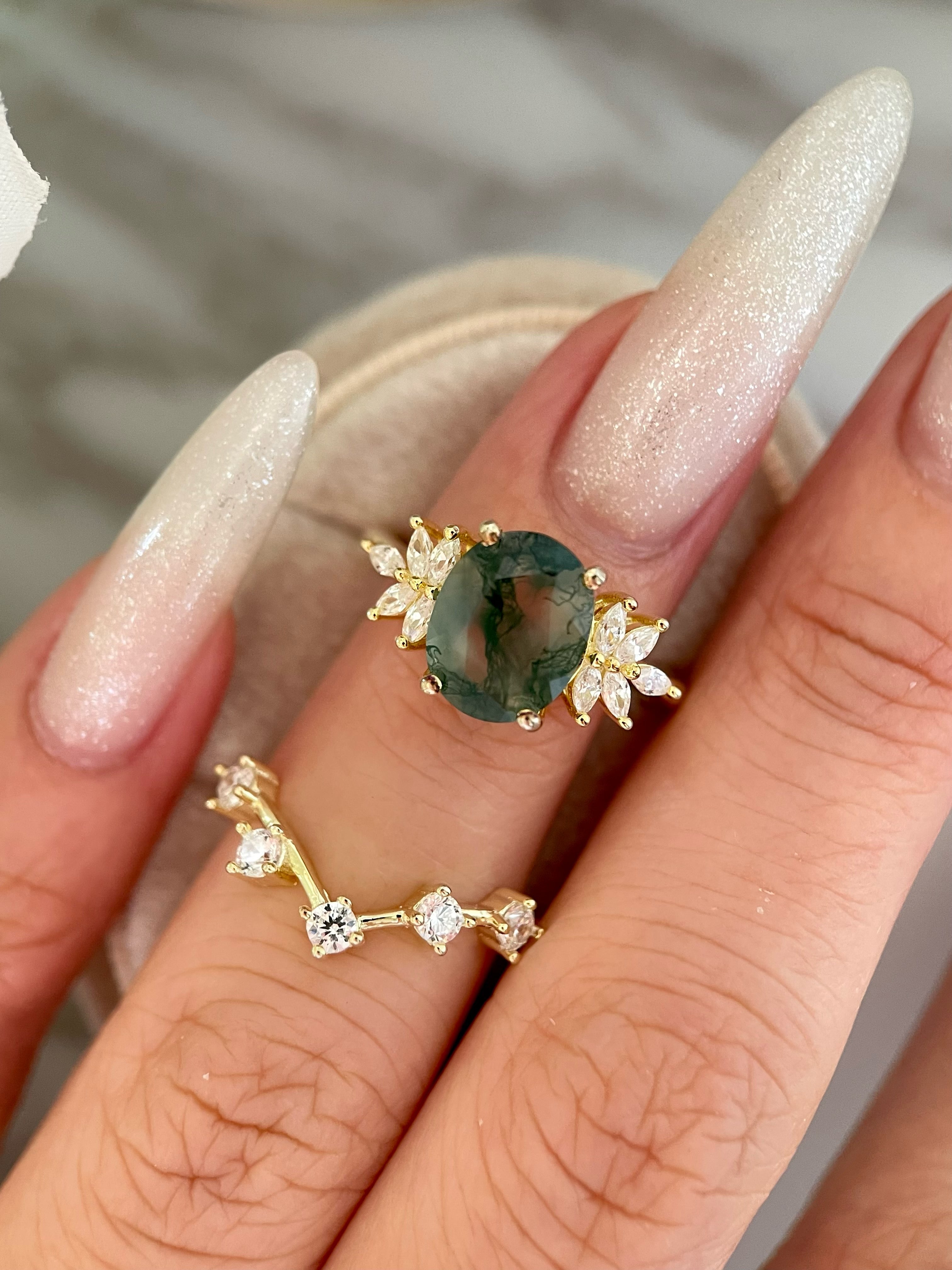 【ENSEMBLE SIERRA】Ensemble de 2 bagues de fiançailles ovales en agate mousse naturelle, 3 carats, fabriquées à la main.