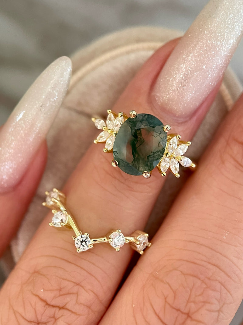 【ENSEMBLE SIERRA】Ensemble de 2 bagues de fiançailles ovales en agate mousse naturelle, 3 carats, fabriquées à la main.