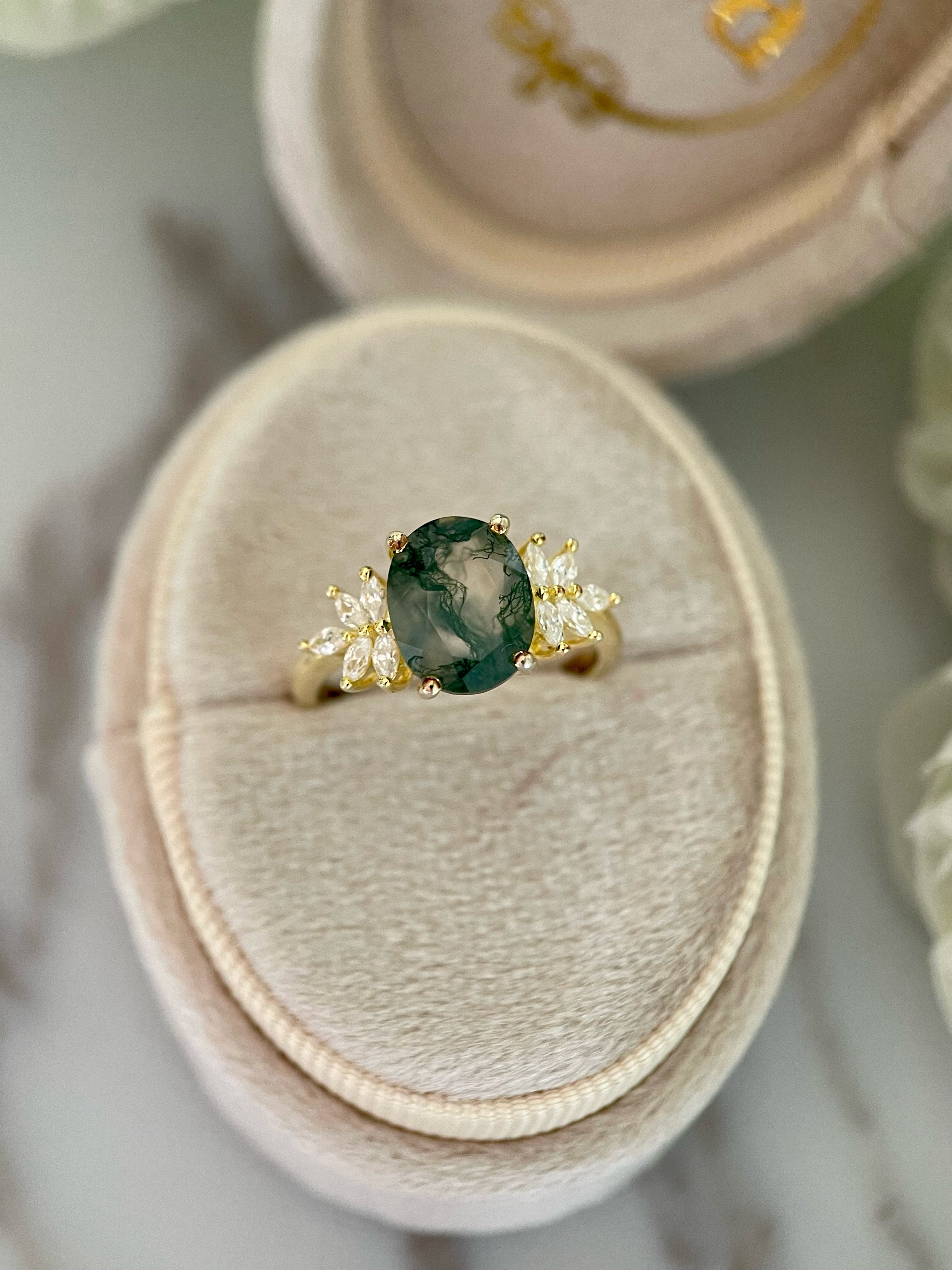 【SIERR】Bague de fiançailles ovale unique en agate mousse naturelle, faite main, 3 carats