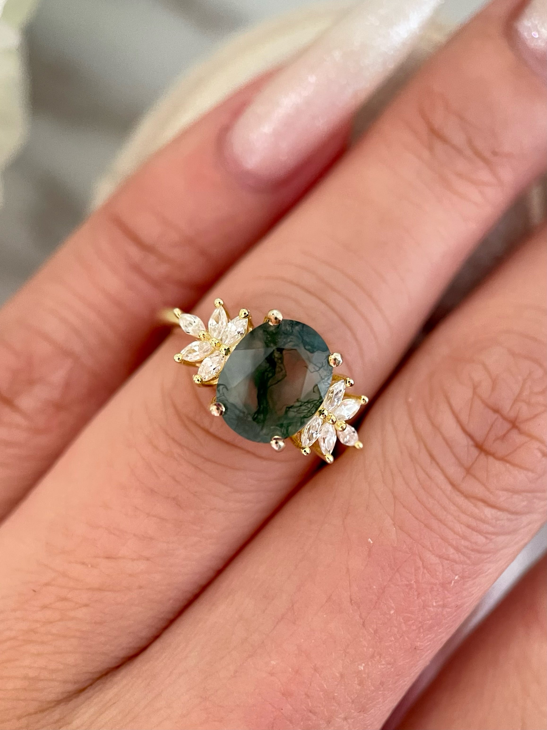 【SIERR】Bague de fiançailles ovale unique en agate mousse naturelle, faite main, 3 carats