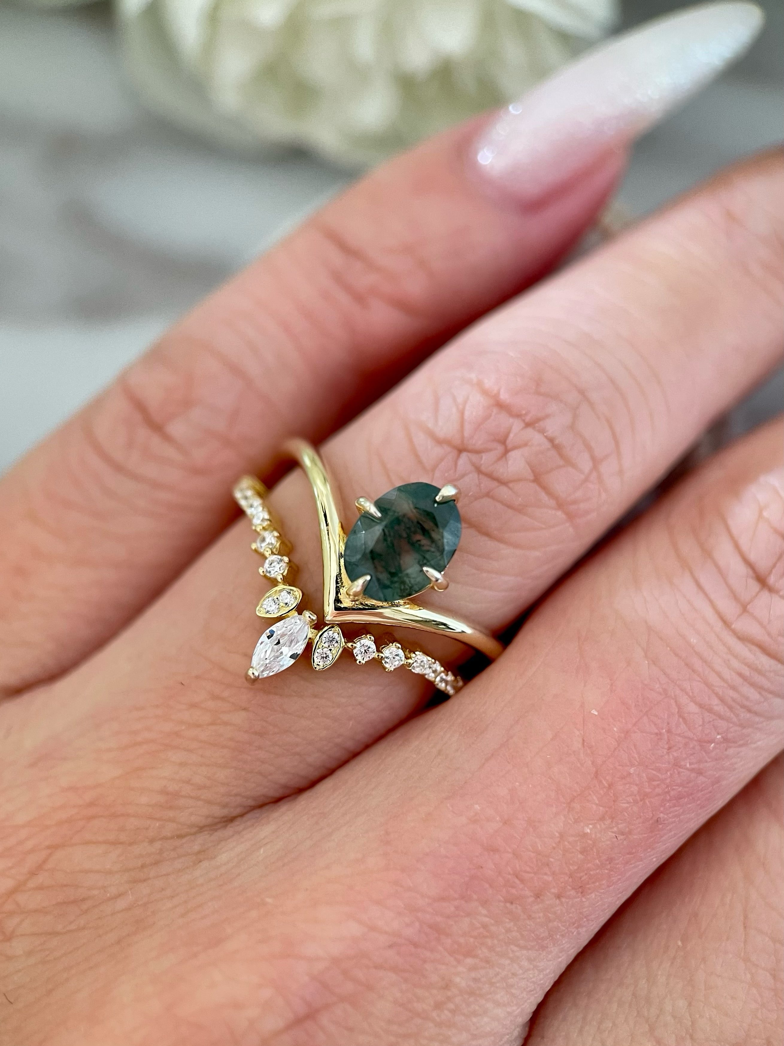 【ENSEMBLE DE JADE】Ensemble unique de bagues de fiançailles en agate mousse naturelle faite à la main, 2 pièces, forme ovale, 1,5 carat