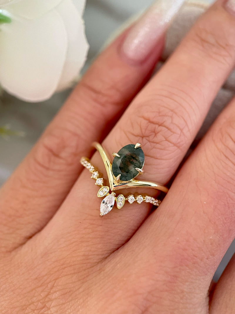 【ENSEMBLE DE JADE】Ensemble unique de bagues de fiançailles en agate mousse naturelle faite à la main, 2 pièces, forme ovale, 1,5 carat