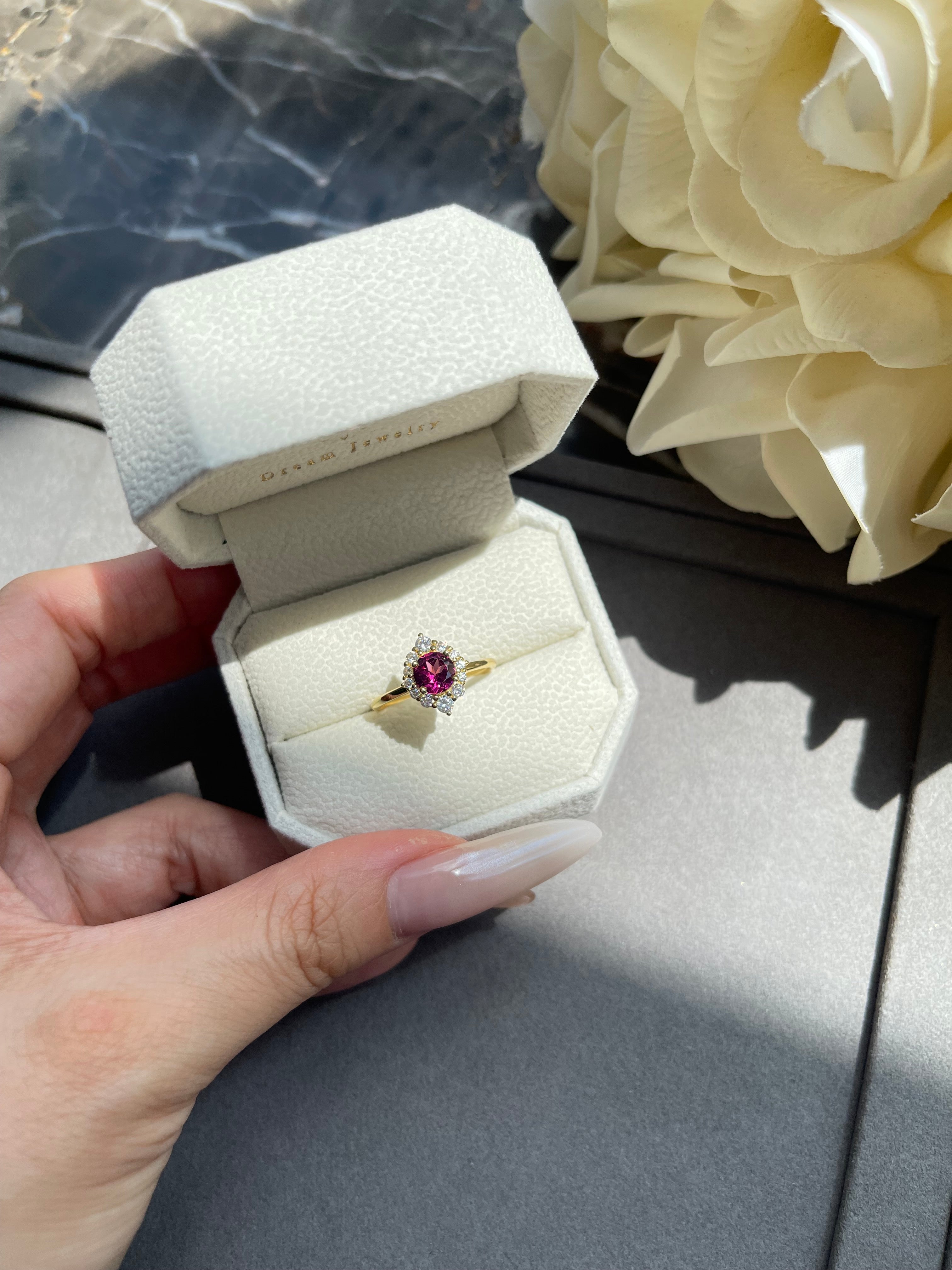 【Cerise】Handmade Natural Rhodolite Garnet Engagement Ring 0.8ct Round Shape