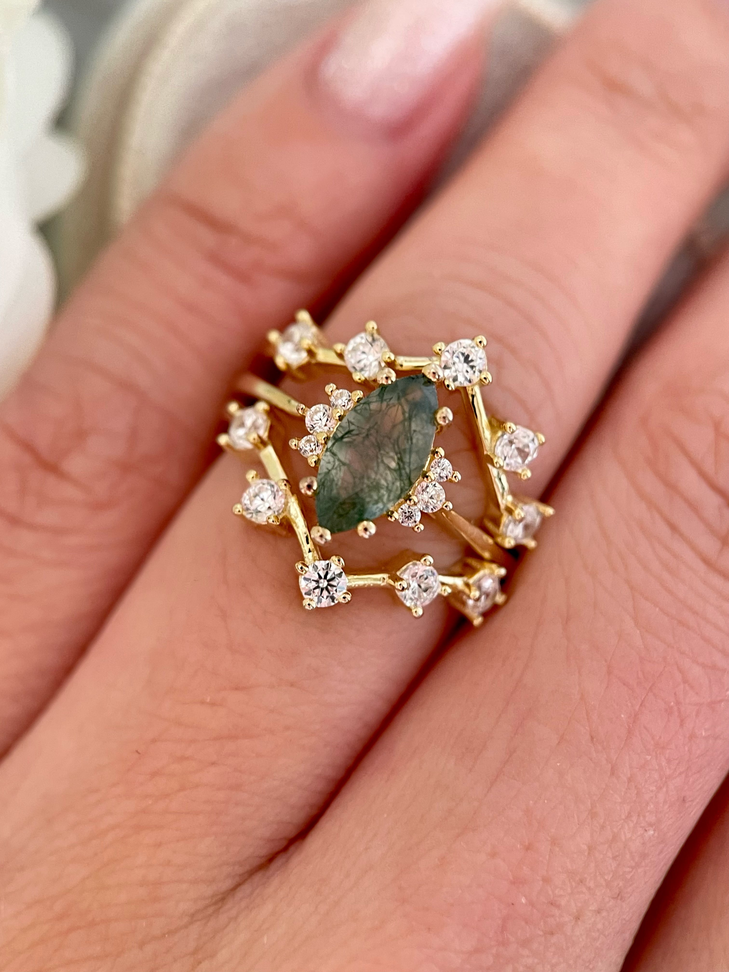 【CASSIOPEIA SET】Unique Handmade Natural Moss Agate Engagement Ring Set 3pcs Marquise Cut 1ct