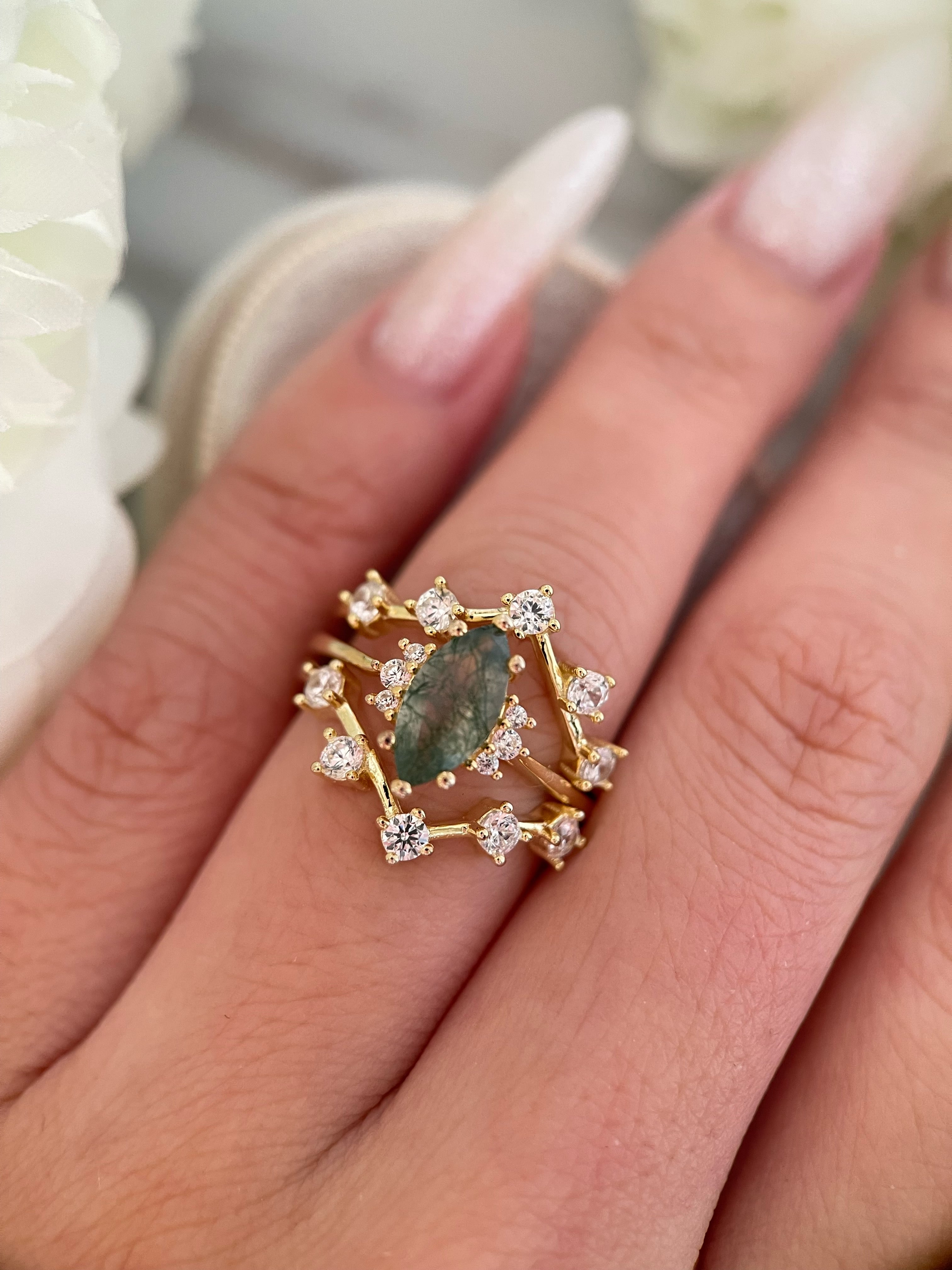 【CASSIOPEIA SET】Unique Handmade Natural Moss Agate Engagement Ring Set 3pcs Marquise Cut 1ct
