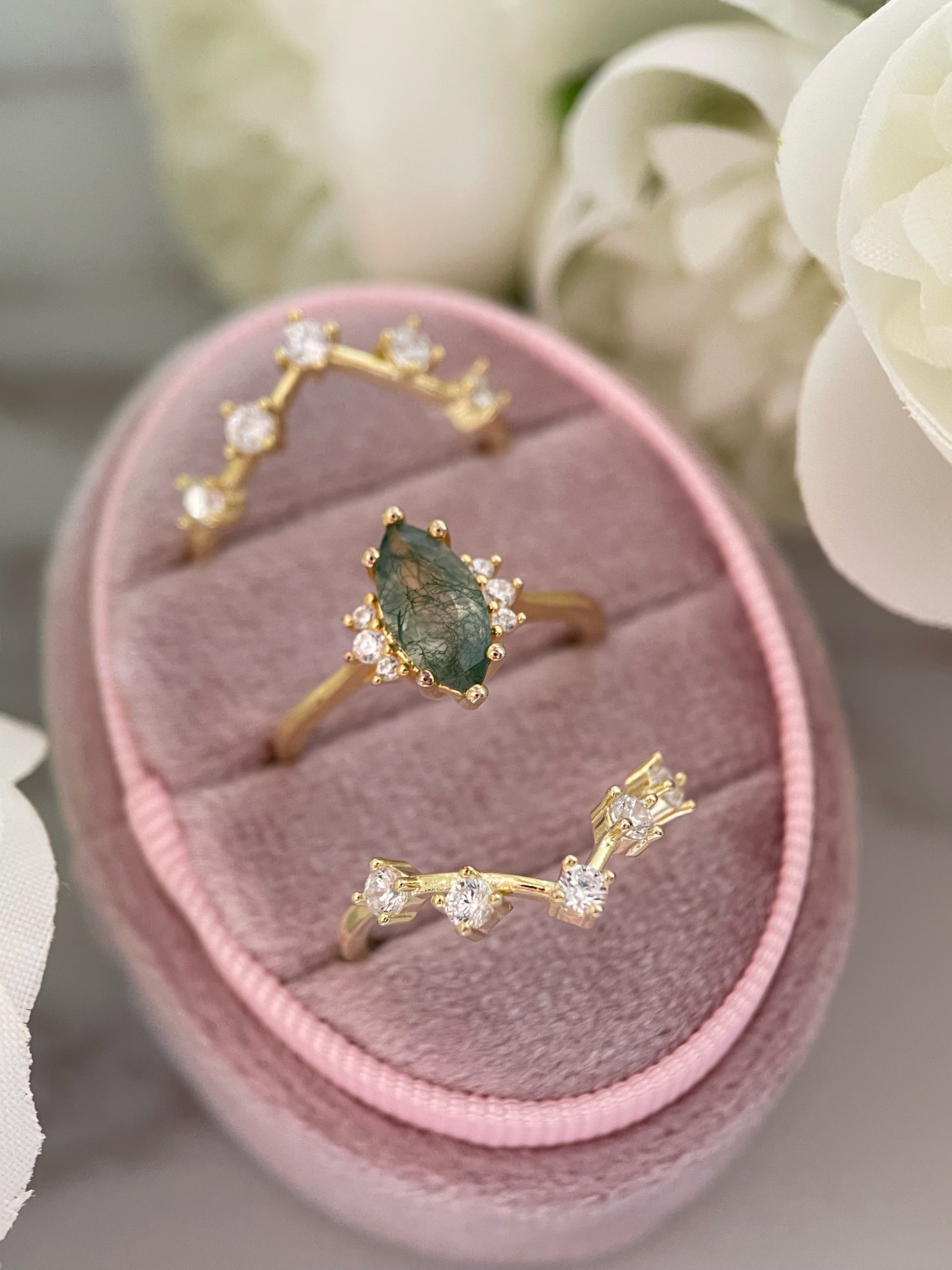 【CASSIOPEIA SET】Unique Handmade Natural Moss Agate Engagement Ring Set 3pcs Marquise Cut 1ct