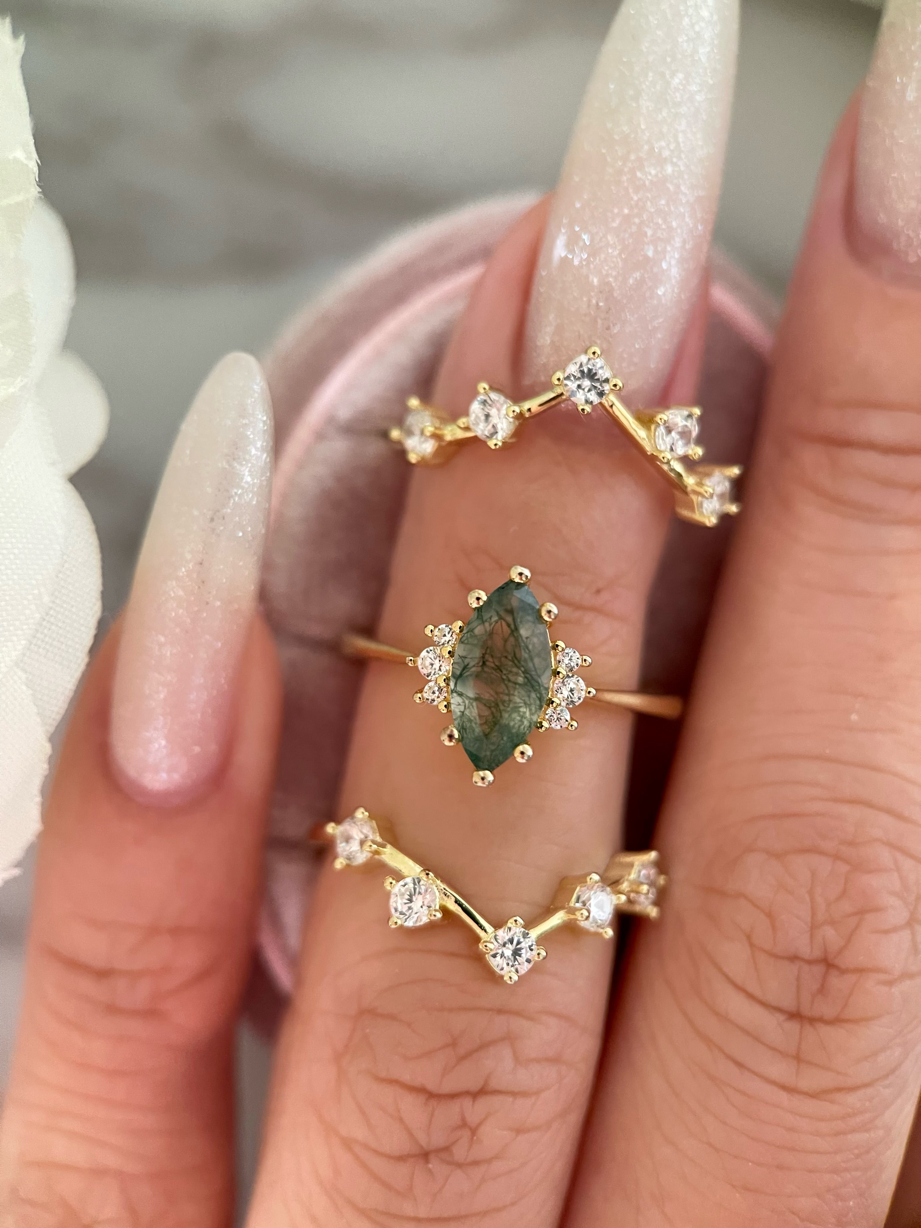 【CASSIOPEIA SET】Unique Handmade Natural Moss Agate Engagement Ring Set 3pcs Marquise Cut 1ct