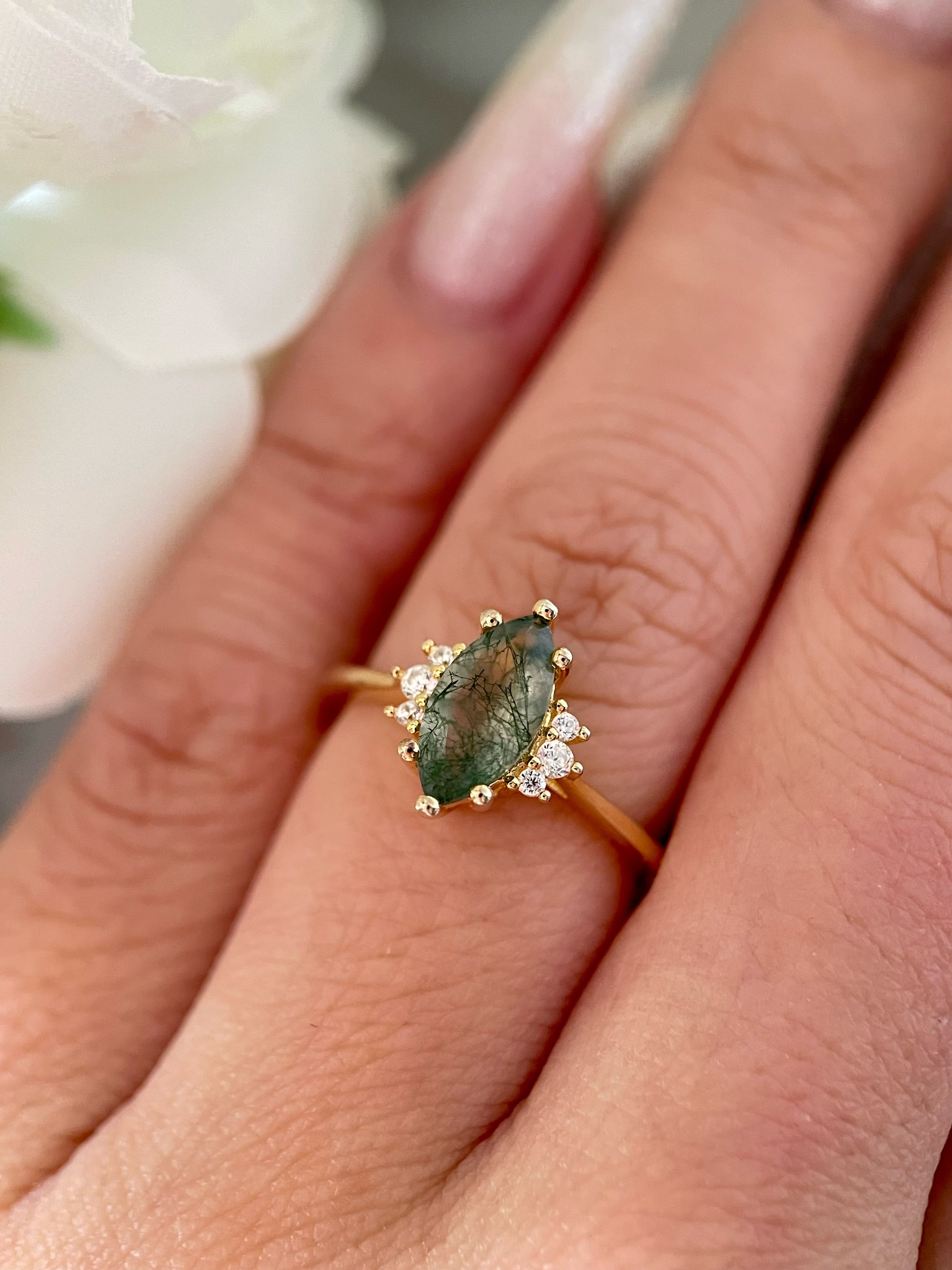 【CASSIOPEIA】Unique Handmade Natural Moss Agate Engagement Ring Marquise Cut 1ct
