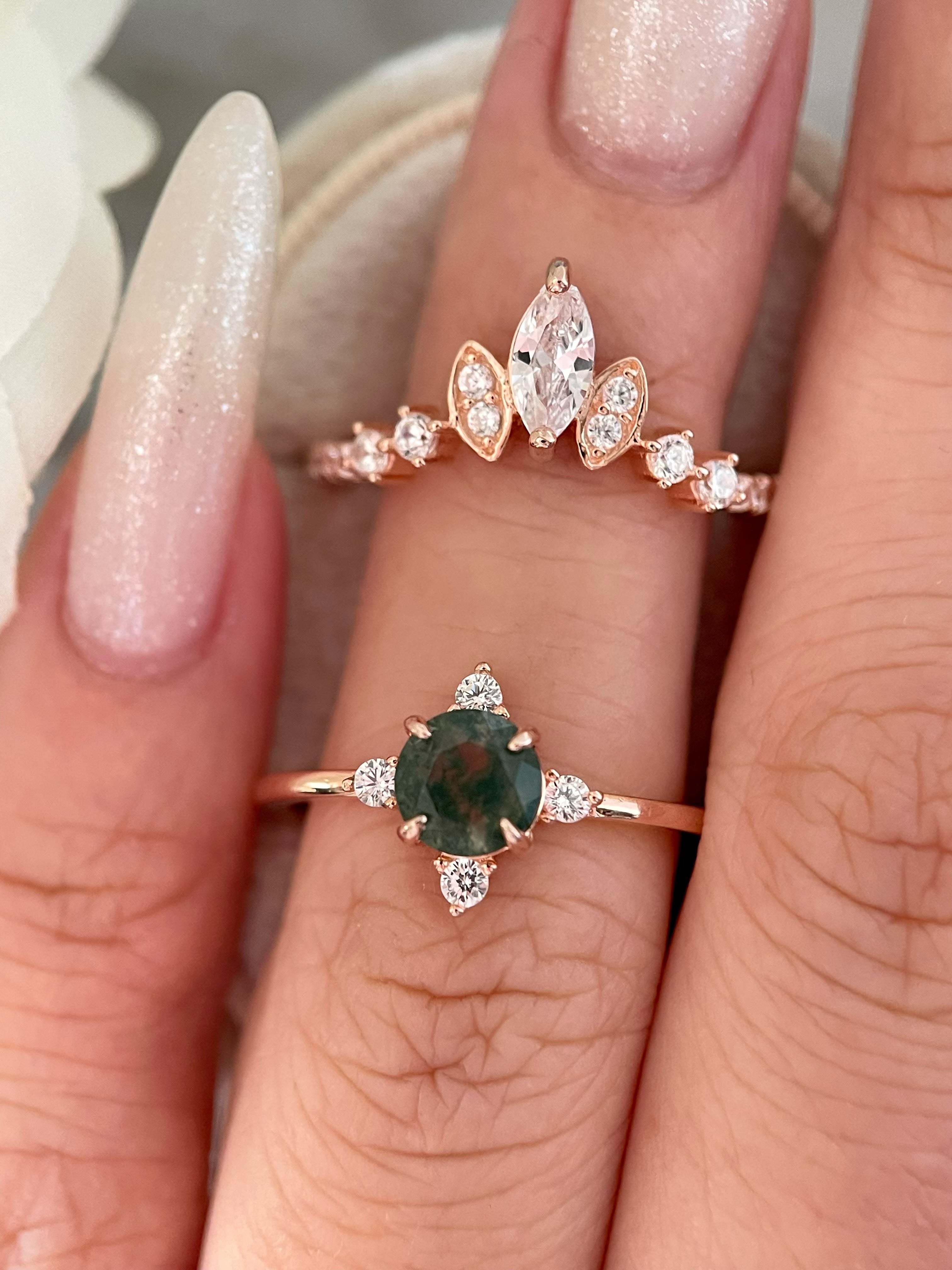 【ENSEMBLE THAILA】Ensemble unique de bagues de fiançailles artisanales en agate mousse naturelle, 2 pièces, forme ronde, 0,8 ct