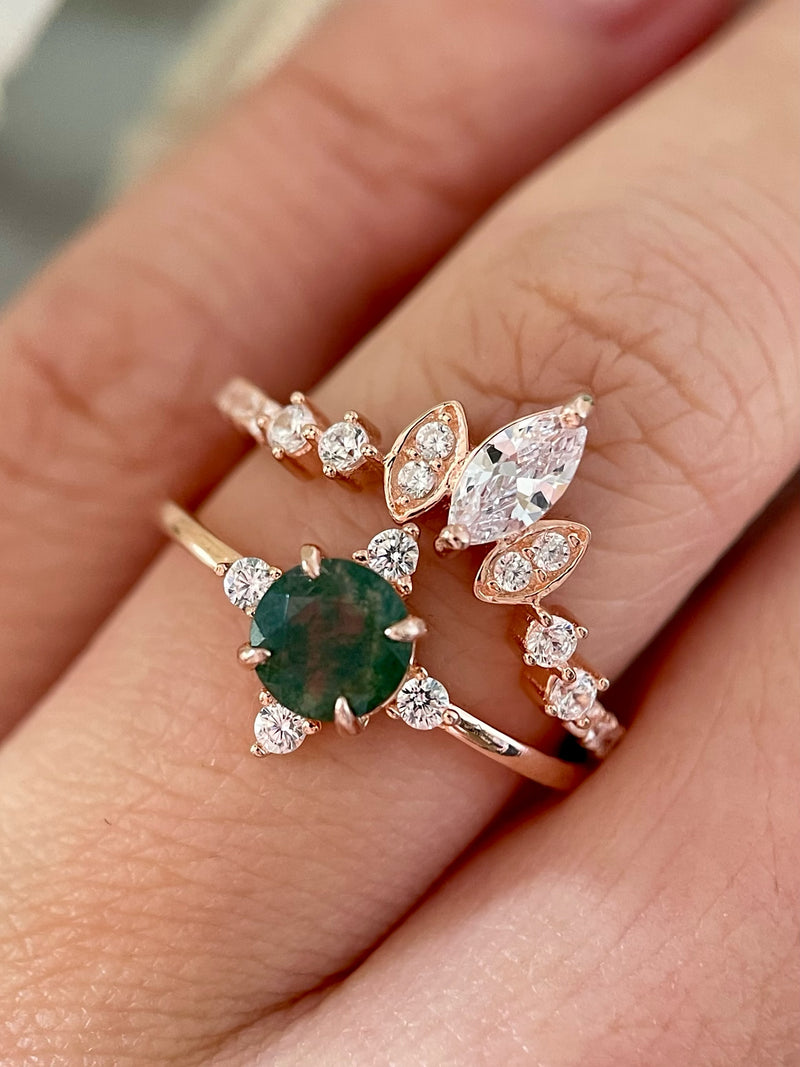 【ENSEMBLE THAILA】Ensemble unique de bagues de fiançailles artisanales en agate mousse naturelle, 2 pièces, forme ronde, 0,8 ct