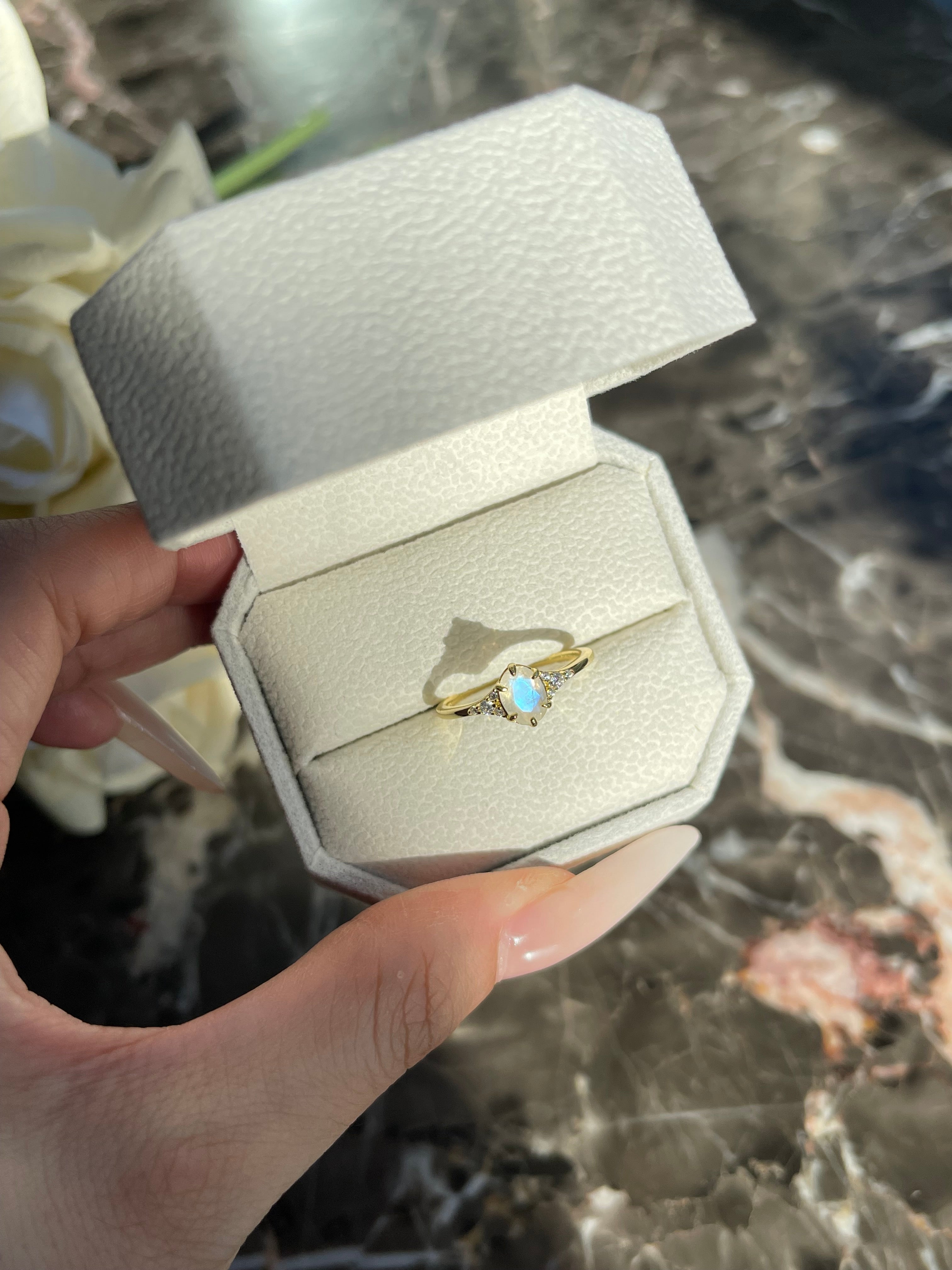 【Artemis】Unique Handmade Natural Blue Moonstone Engagement Ring 0.75ct Oval Shape