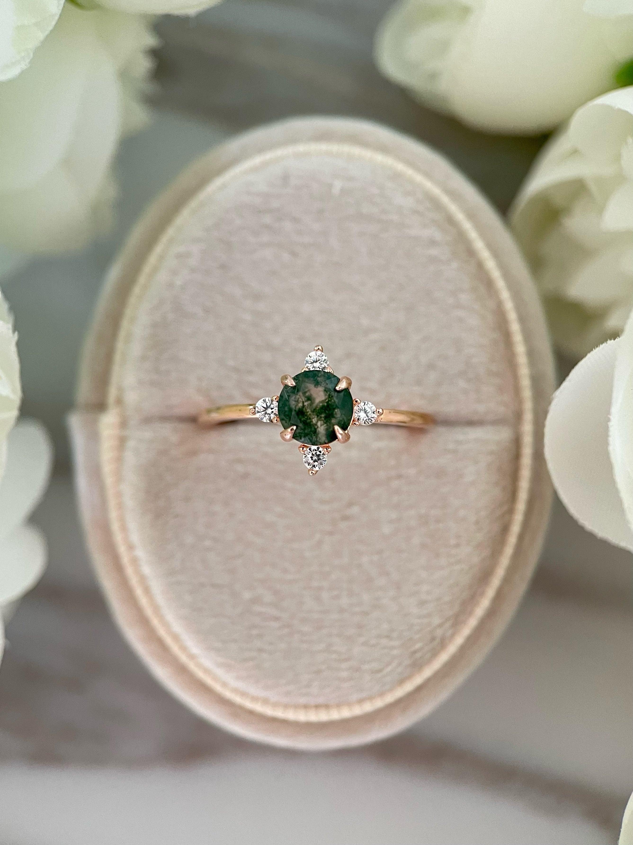 【THAILA】Bague de fiançailles unique, faite main, en agate mousse naturelle, 2 carats, forme ronde, 0,8 carat