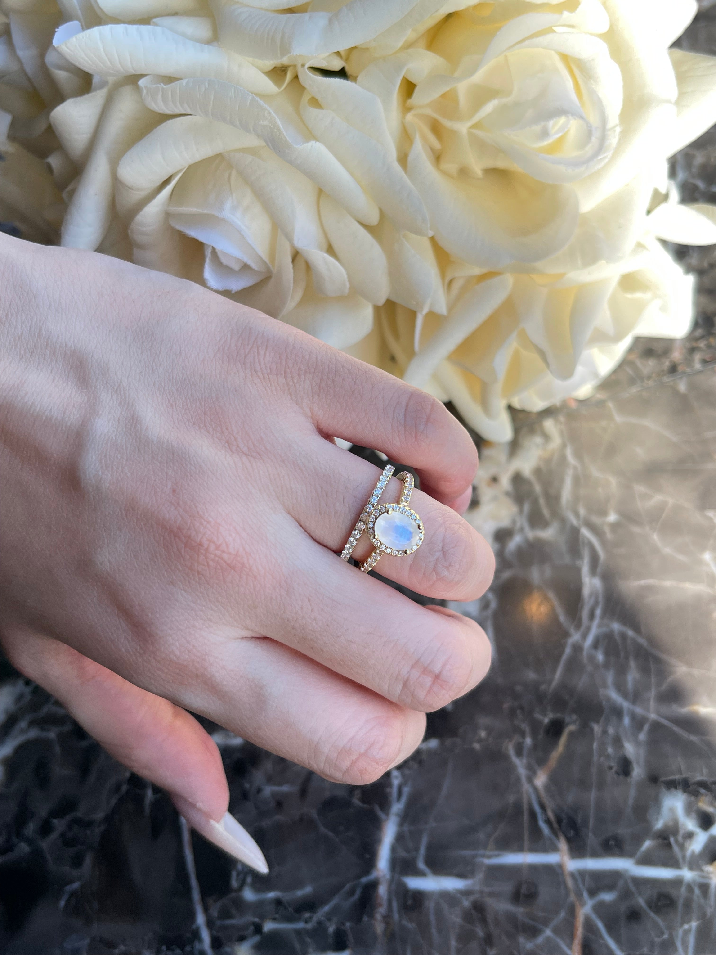 【Lunaria】Unique Handmade Natural Blue Moonstone Engagement Ring 1.5ct Oval Shape