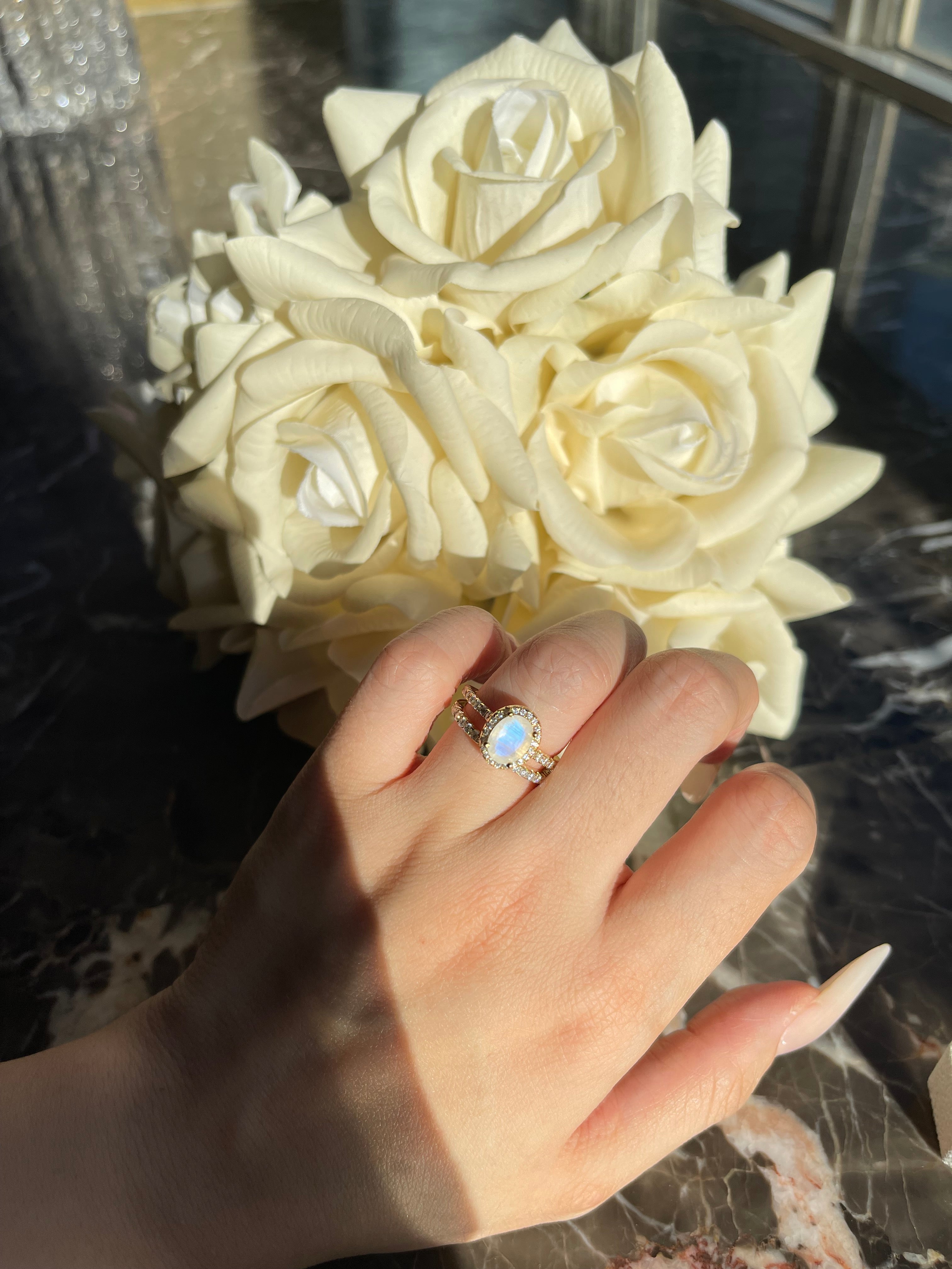 【Lunaria】Unique Handmade Natural Blue Moonstone Engagement Ring 1.5ct Oval Shape