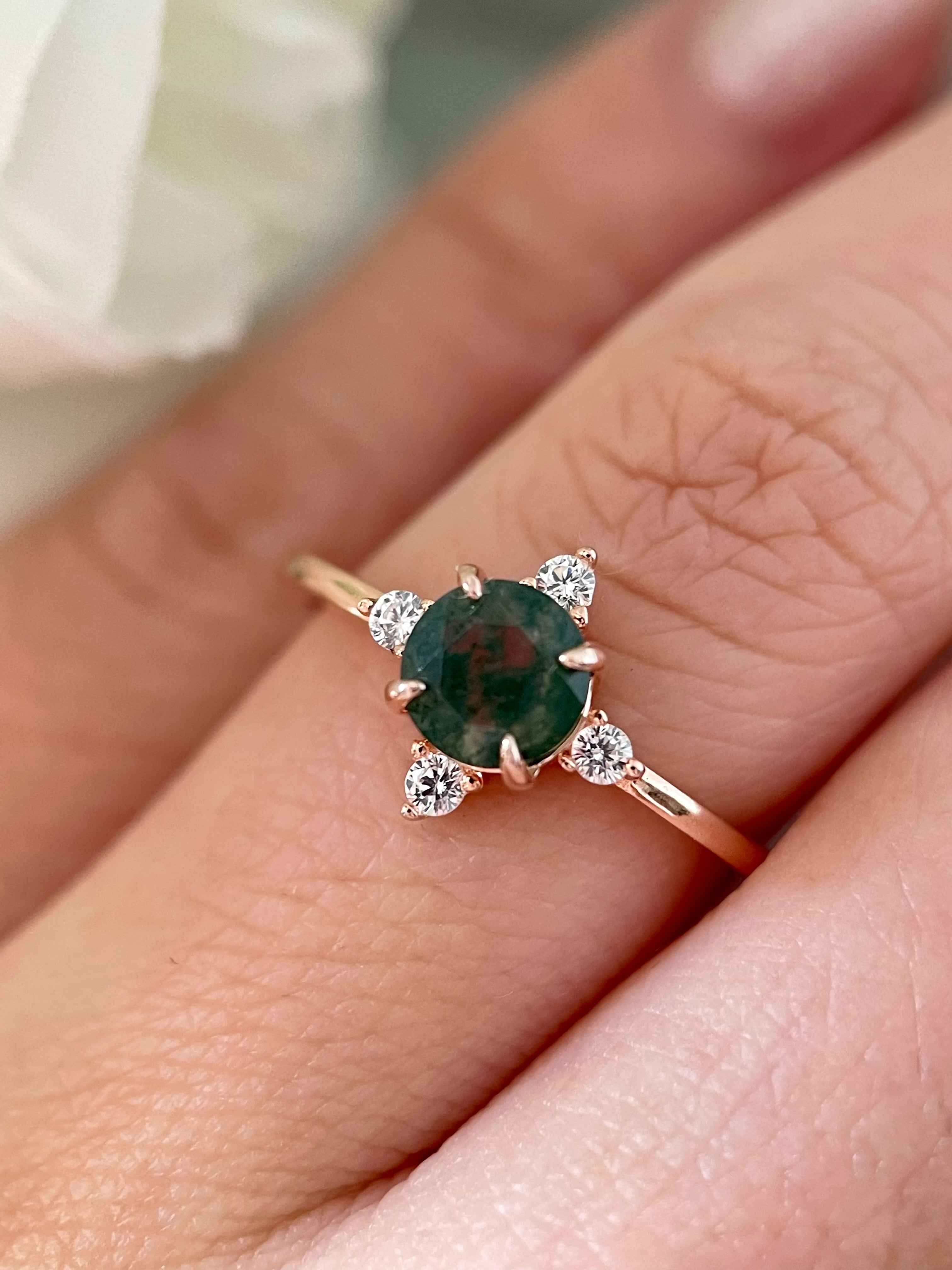 【THAILA】Unique Handmade Natural Moss Agate Engagement Ring 2cs Round Cut 0.8ct