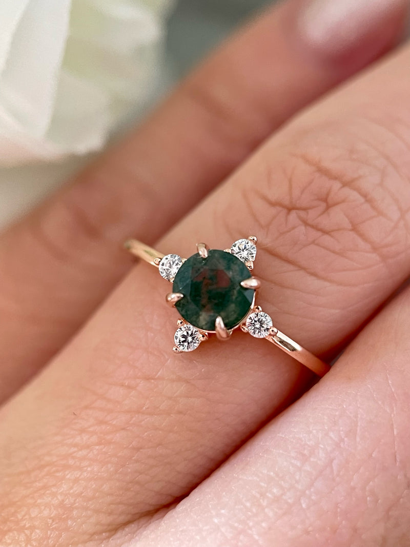 【THAILA】Bague de fiançailles unique, faite main, en agate mousse naturelle, 2 carats, forme ronde, 0,8 carat