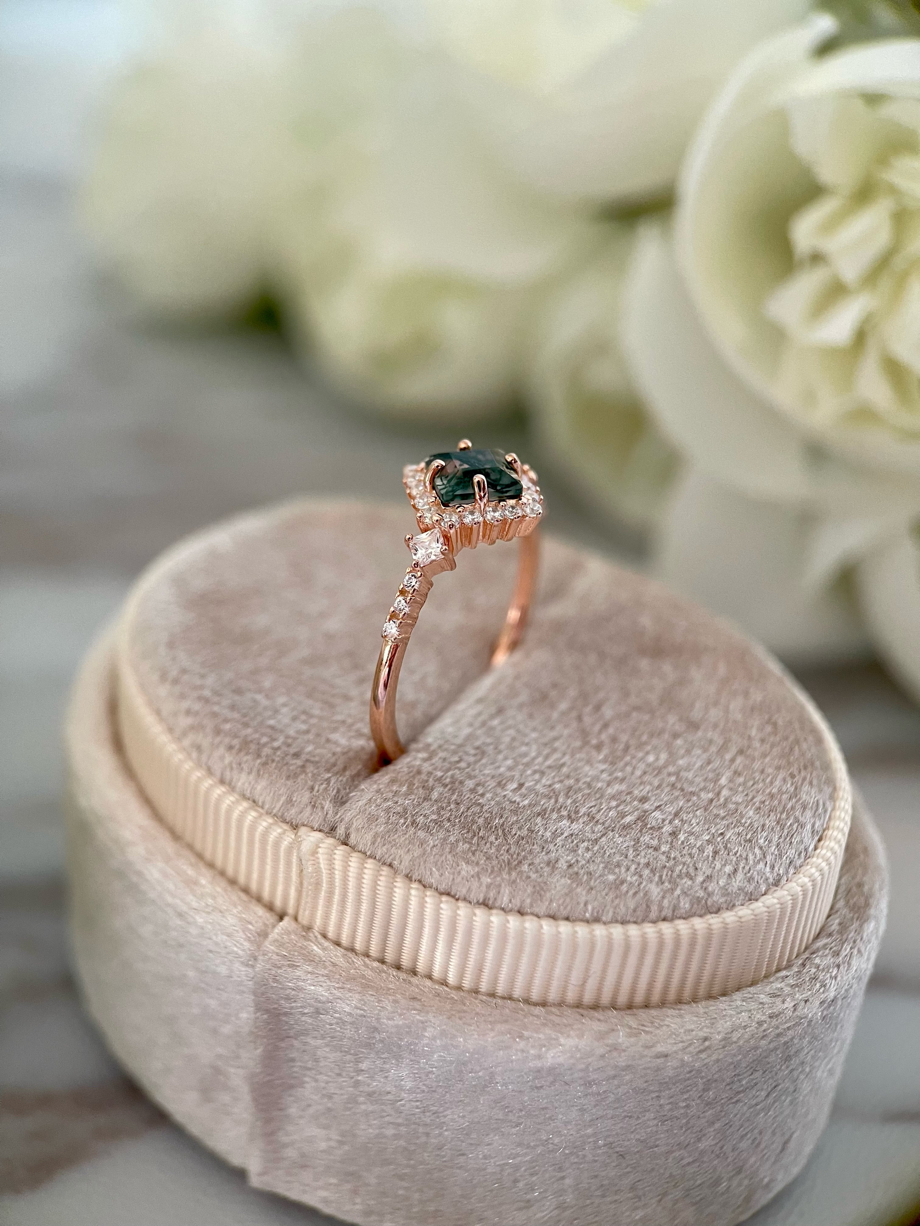 【RHIANNON】Unique Handmade Natural Moss Agate Engagement Ring Princess Cut 0.75ct