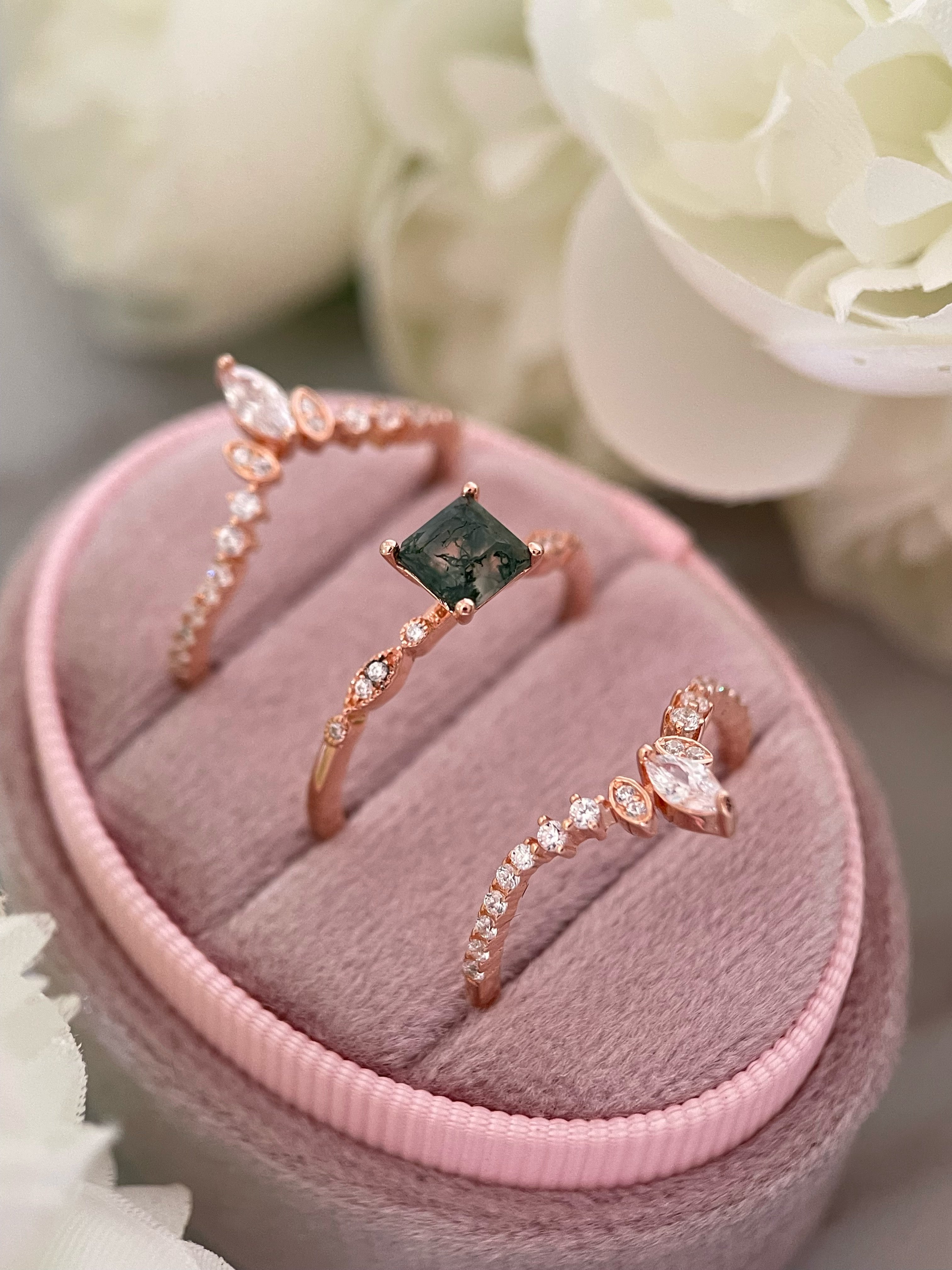 【OPHELIA SET】Unique Handmade Natural Moss Agate Engagement Ring Set 3pcs 0.75ct Princess Cut