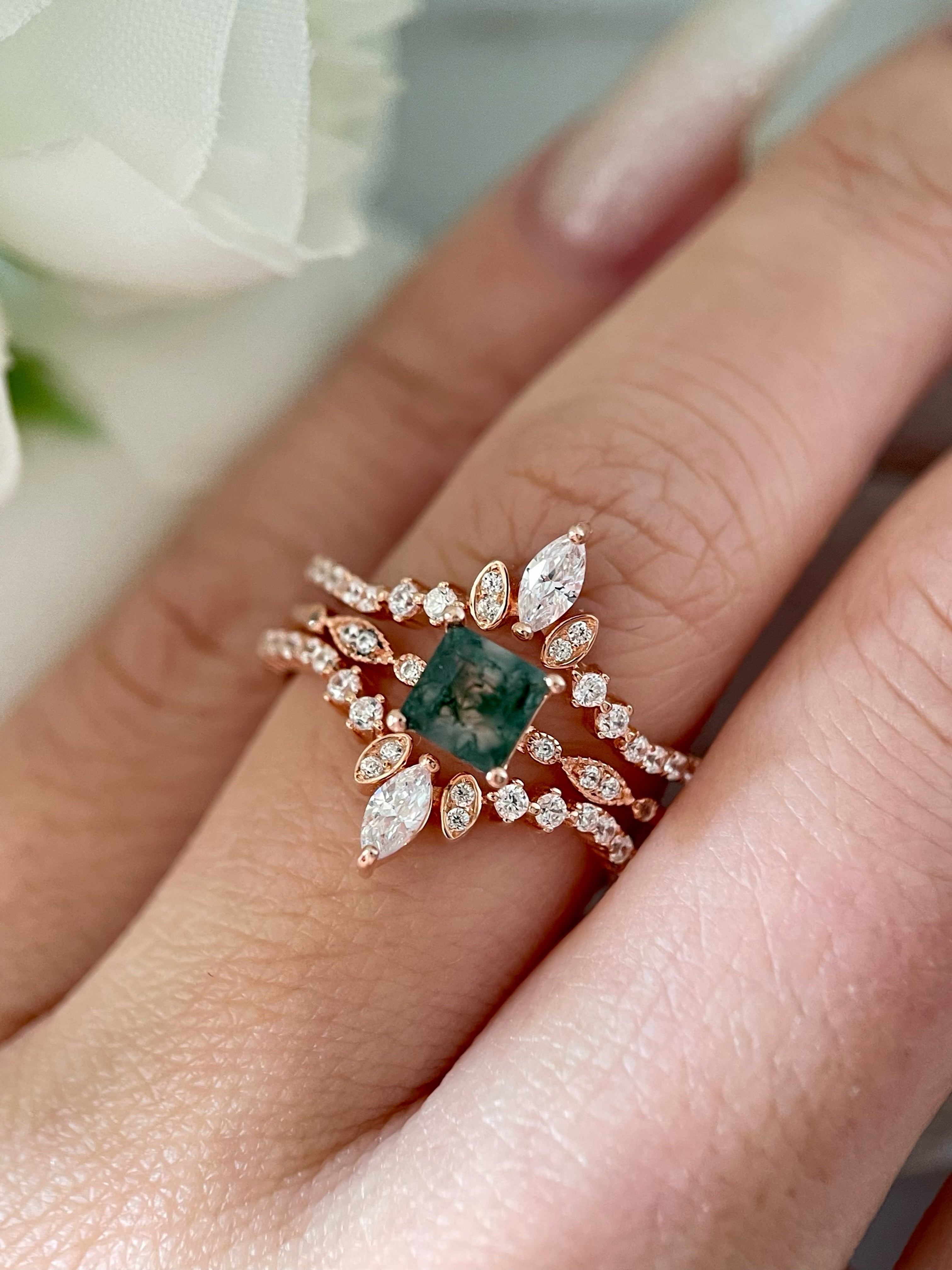 【OPHELIA SET】Unique Handmade Natural Moss Agate Engagement Ring Set 3pcs 0.75ct Princess Cut