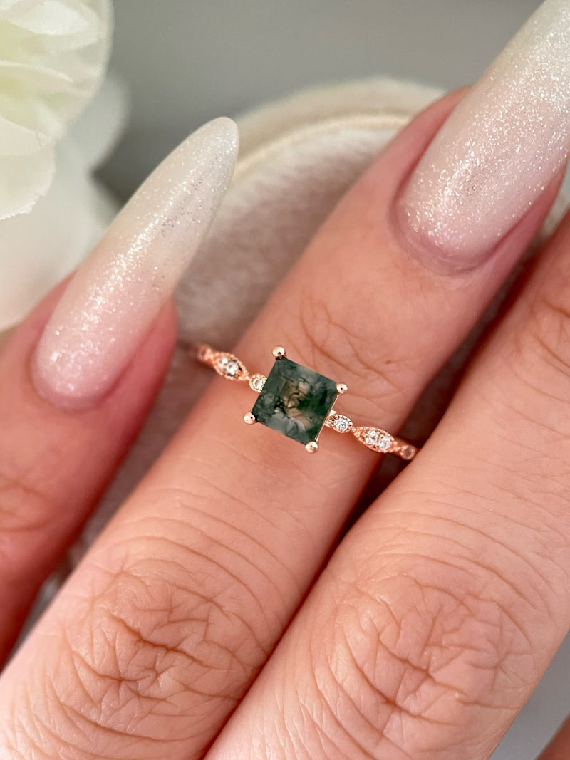 【OPHELIA】Unique Handmade Natural Moss Agate Engagement Ring 0.75ct Princess Cut