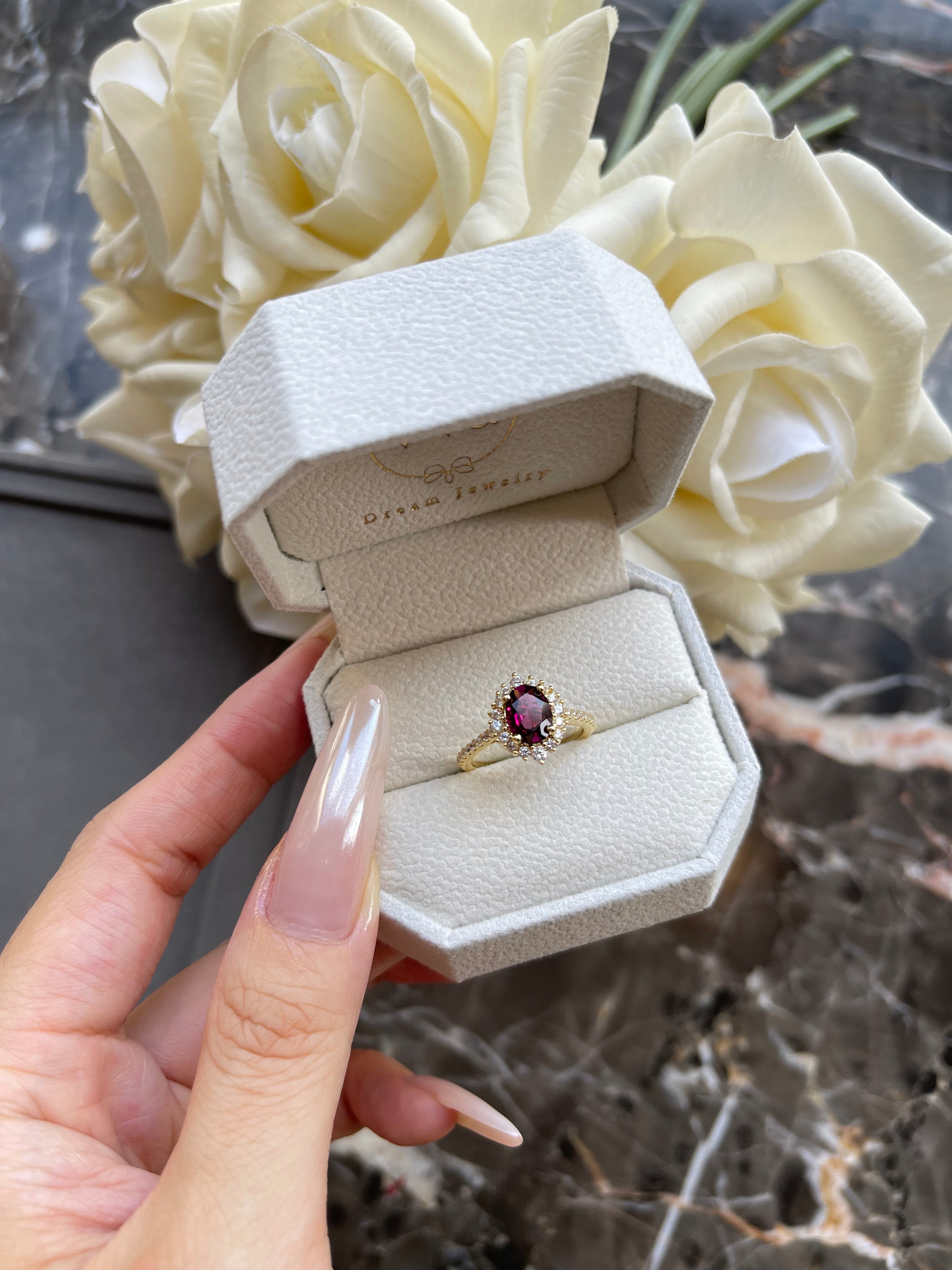 【Valencia】 Handmade Natural Rhodolite Garnet Engagement Ring 1.5ct Oval Shape
