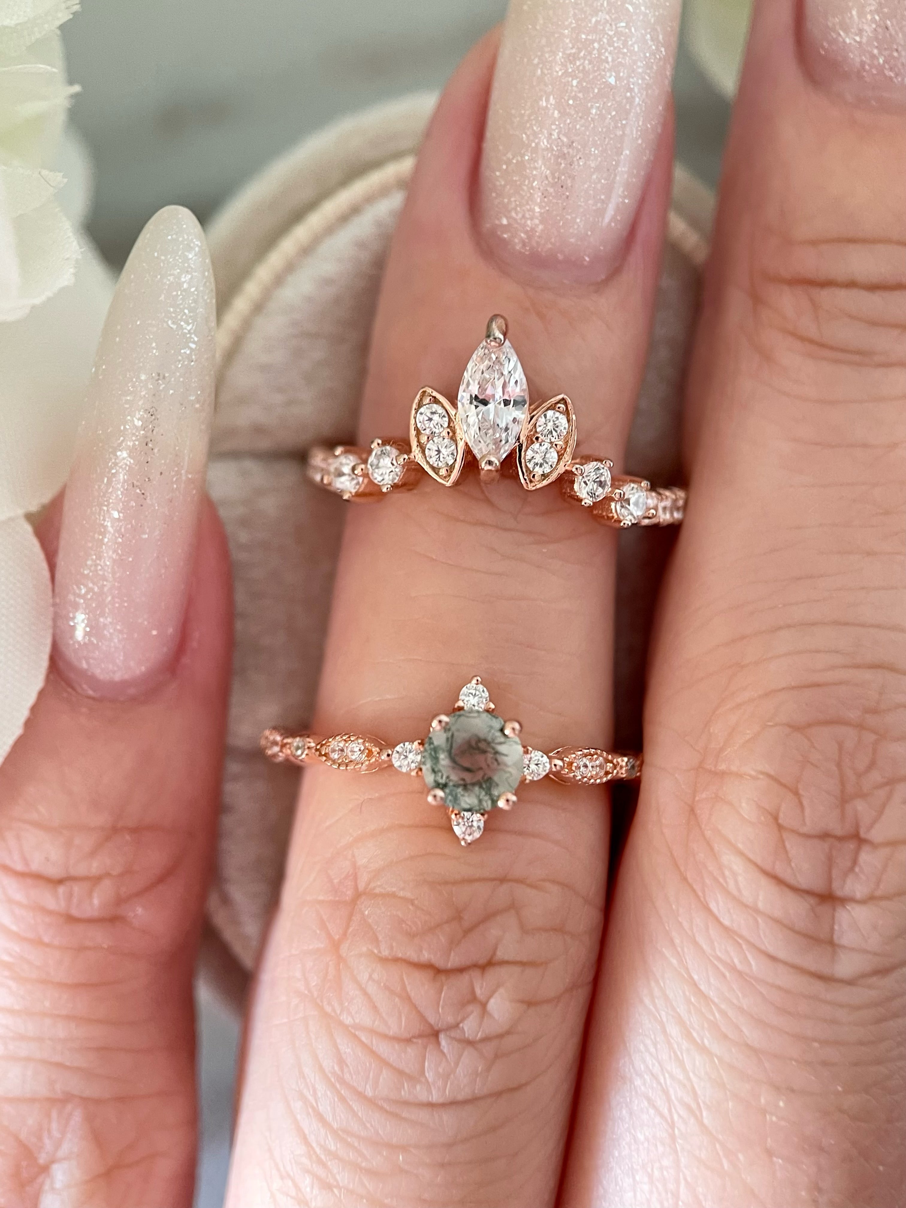 【Coralie Set】Unique Handmade Natural Moss Agate Engagement Ring Set 2pcs 0.5ct Round Cut