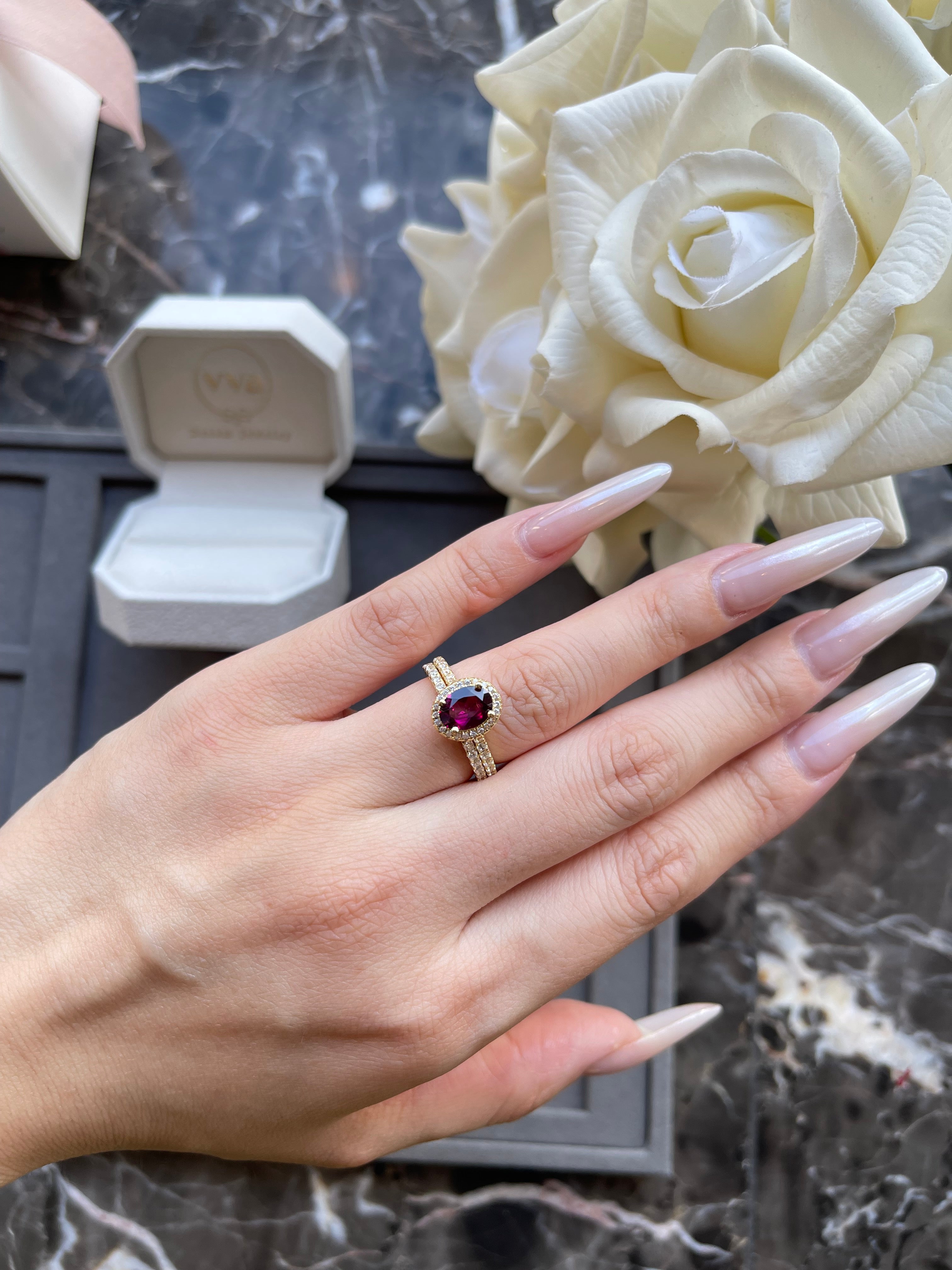 【Amara Cascade】Unique Handmade Natural Rhodolite Garnet Engagement Ring 1.5ct Oval Shape