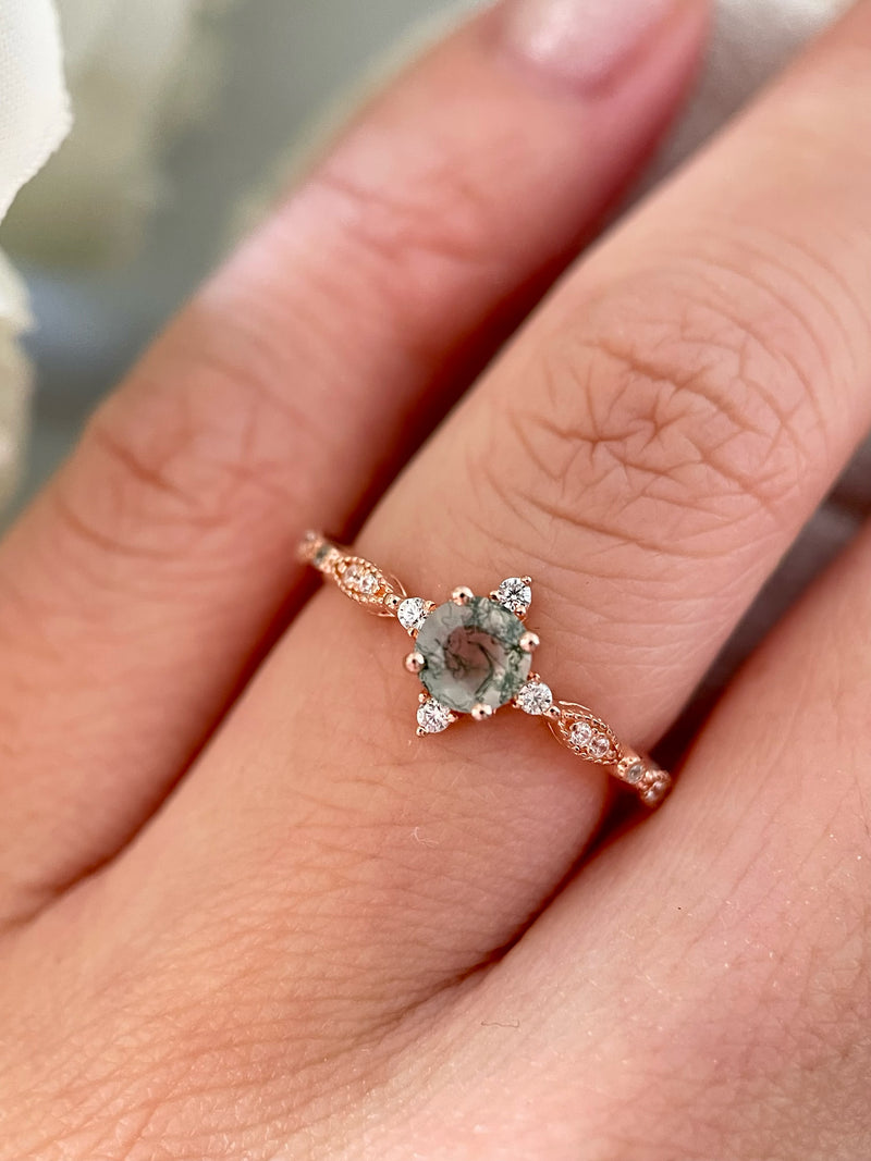 【Coralie】Bague de fiançailles unique, faite main, en agate mousse naturelle de 0,5 ct, forme ronde