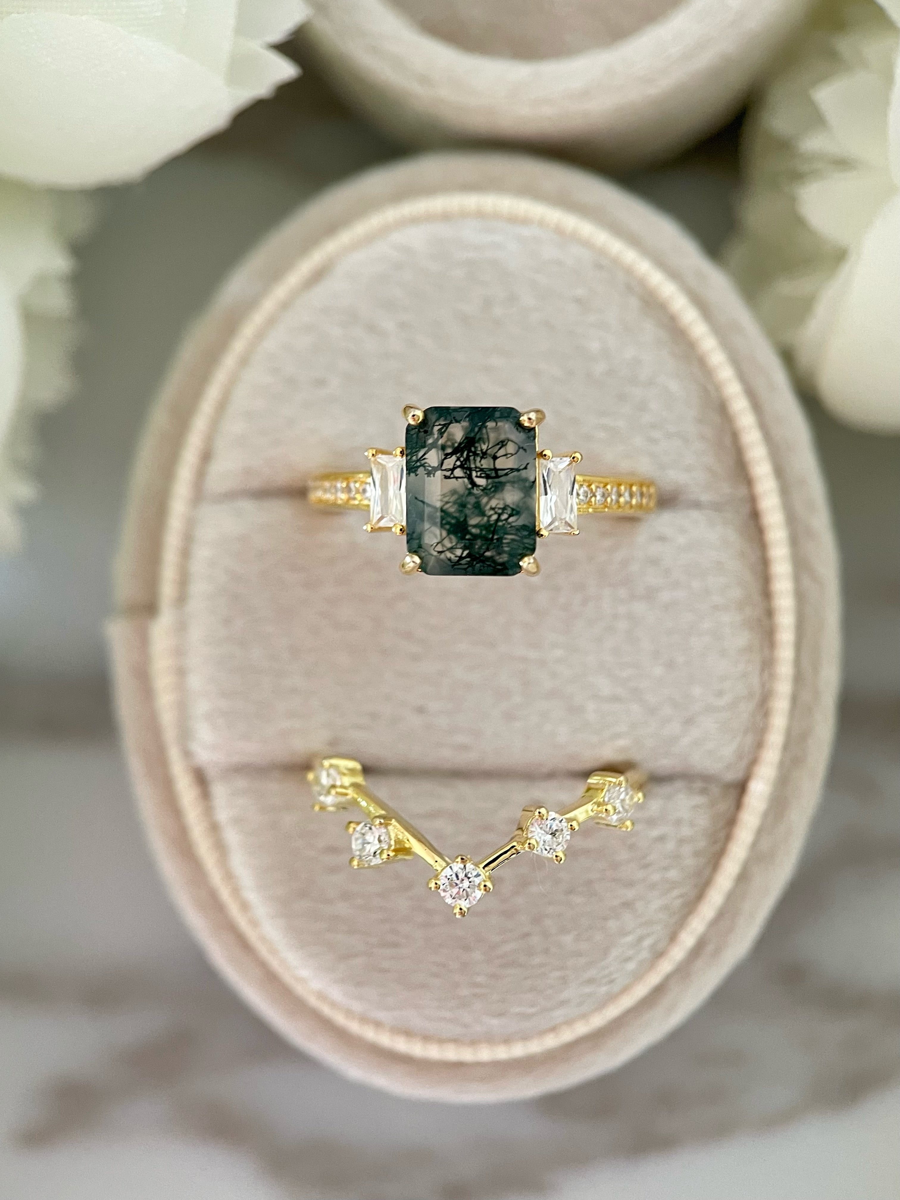 【Ensemble Callista】Ensemble unique de bagues de fiançailles en agate mousse naturelle faite à la main, 2 pièces, 2,5 ct, forme coussin