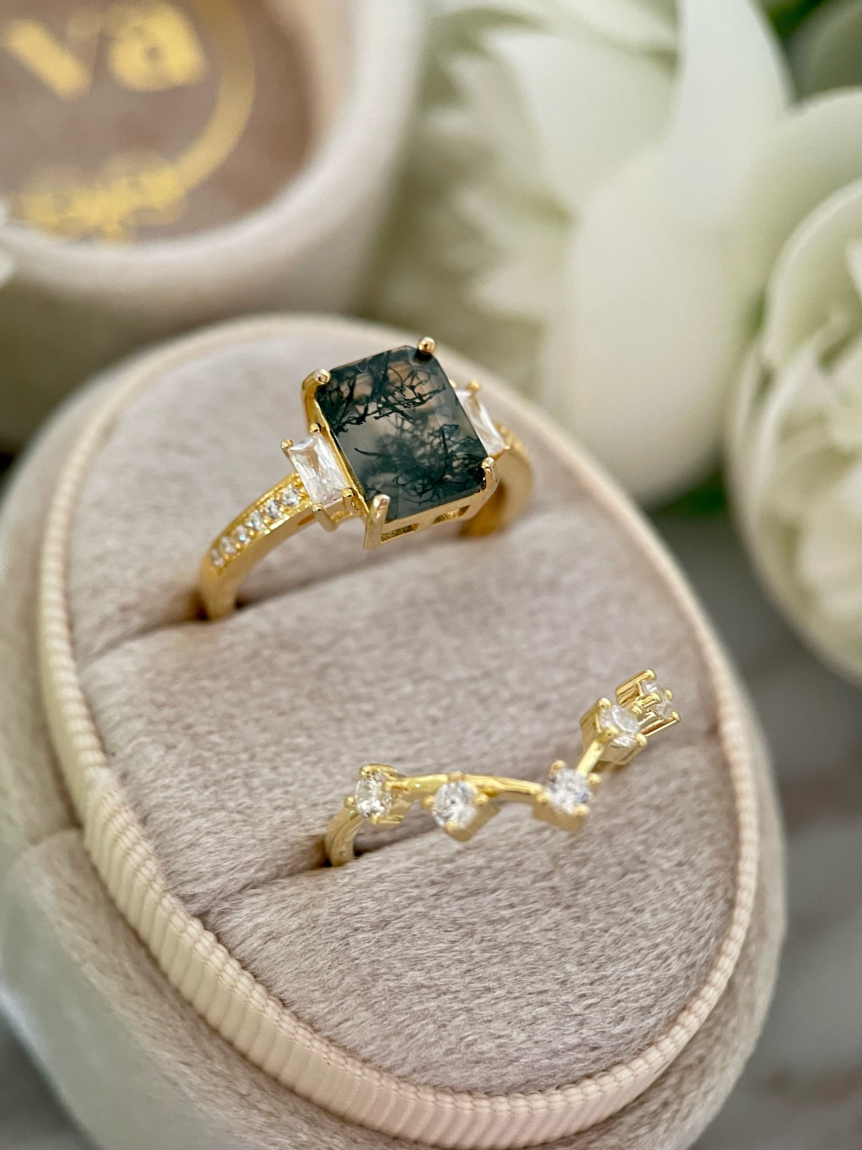 【Ensemble Callista】Ensemble unique de bagues de fiançailles en agate mousse naturelle faite à la main, 2 pièces, 2,5 ct, forme coussin