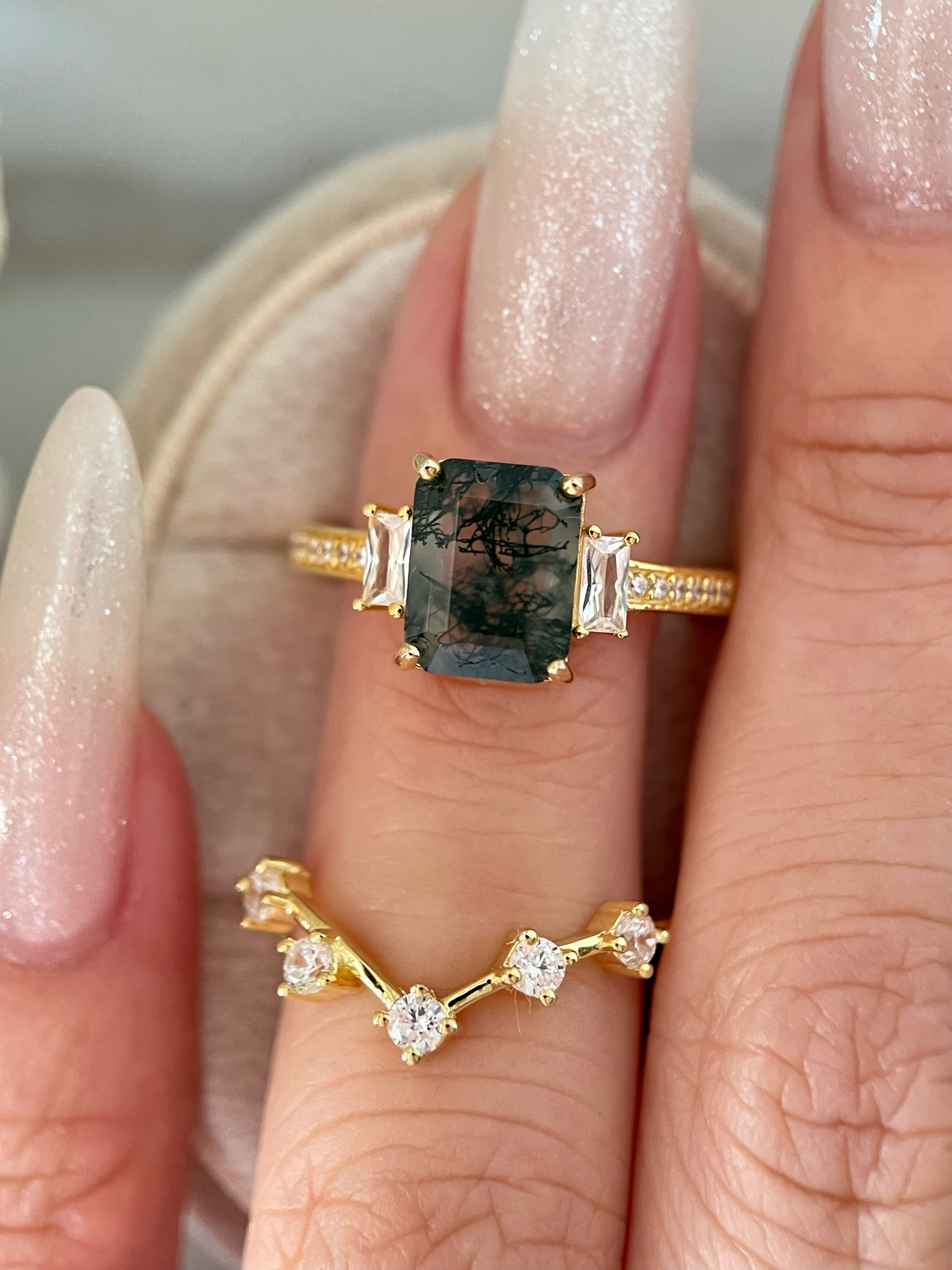 【Ensemble Callista】Ensemble unique de bagues de fiançailles en agate mousse naturelle faite à la main, 2 pièces, 2,5 ct, forme coussin