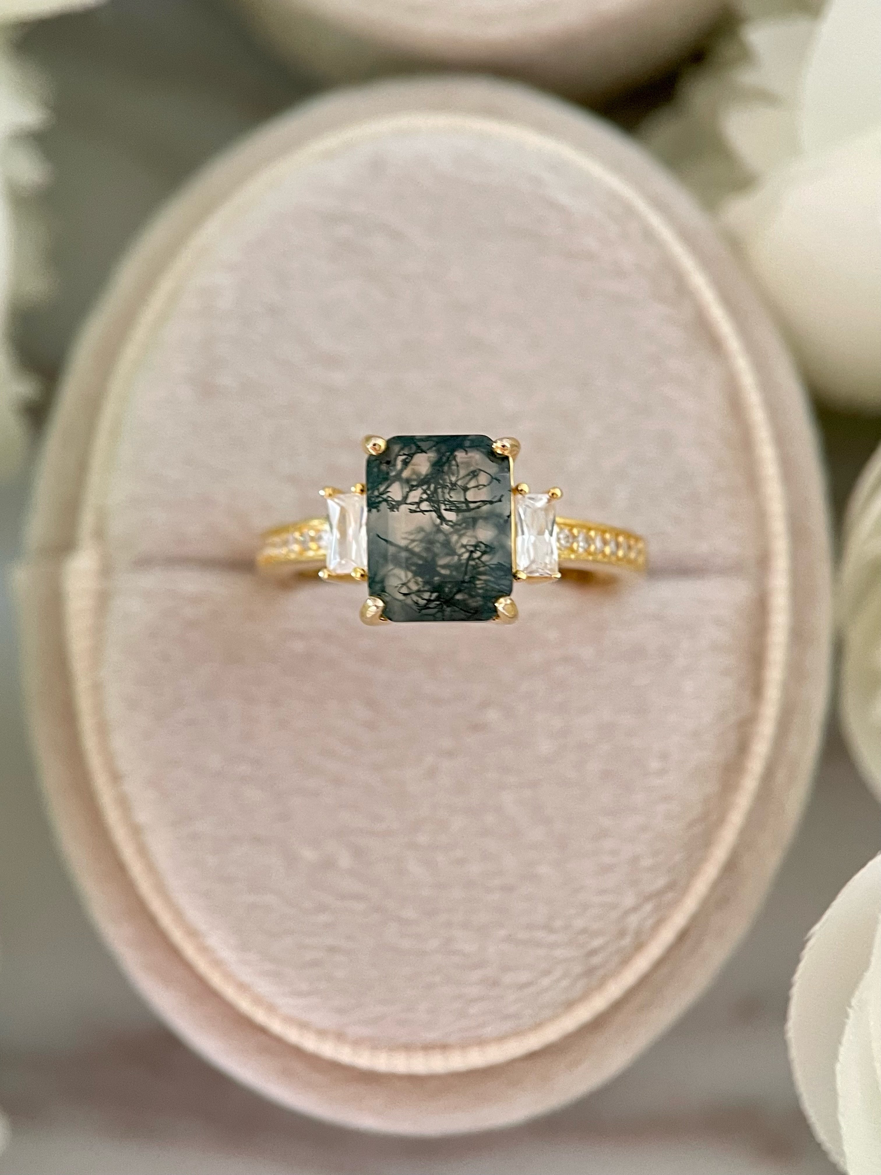 【Callista】Bague de fiançailles unique en agate mousse naturelle faite à la main, 2,5 ct, forme coussin